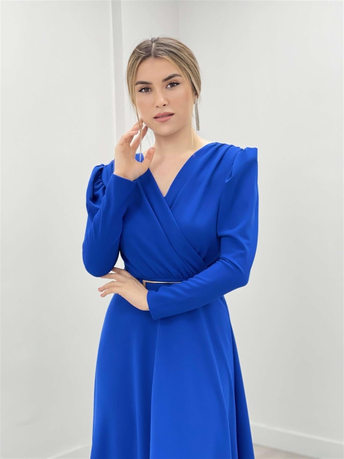Krep Kumaş Kruvaze Yaka Kiloş Elbise - SAKS MAVİ