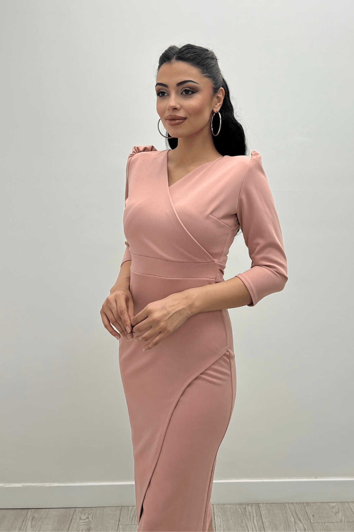 Crepe Fabric Midi Dress  - Powder