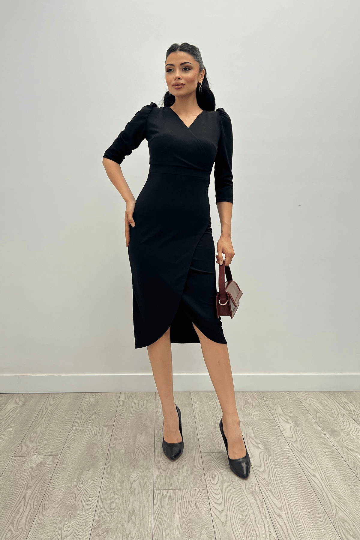 Crepe Fabric Midi Dress  - Black