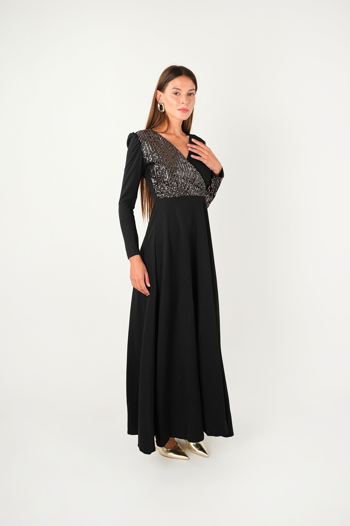 Krep Kumaş Payet Detaylı Elbise - BRONZ