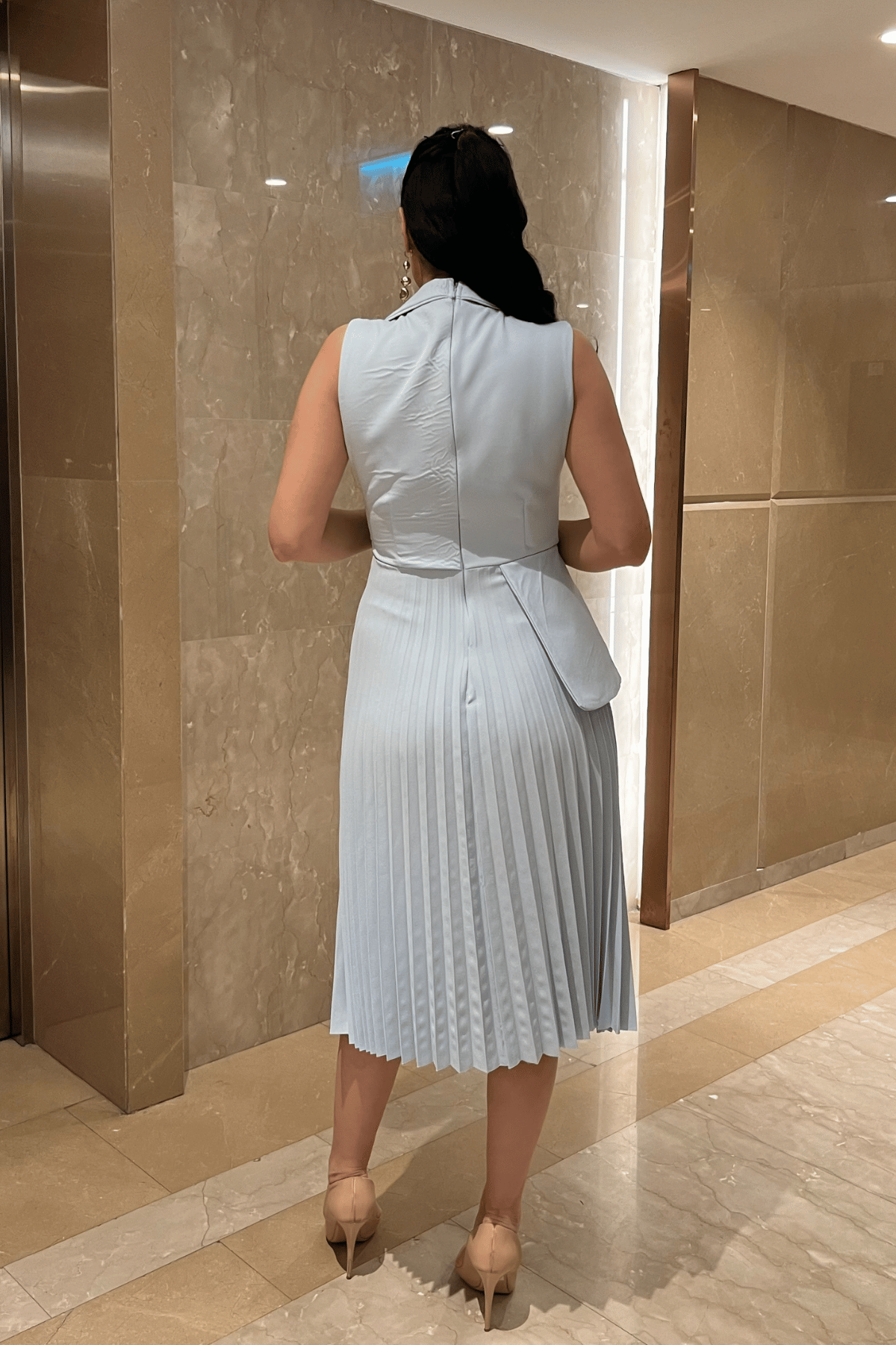 Krep Kumaş Plise Detaylı Elbise - BEBE MAVİSİ