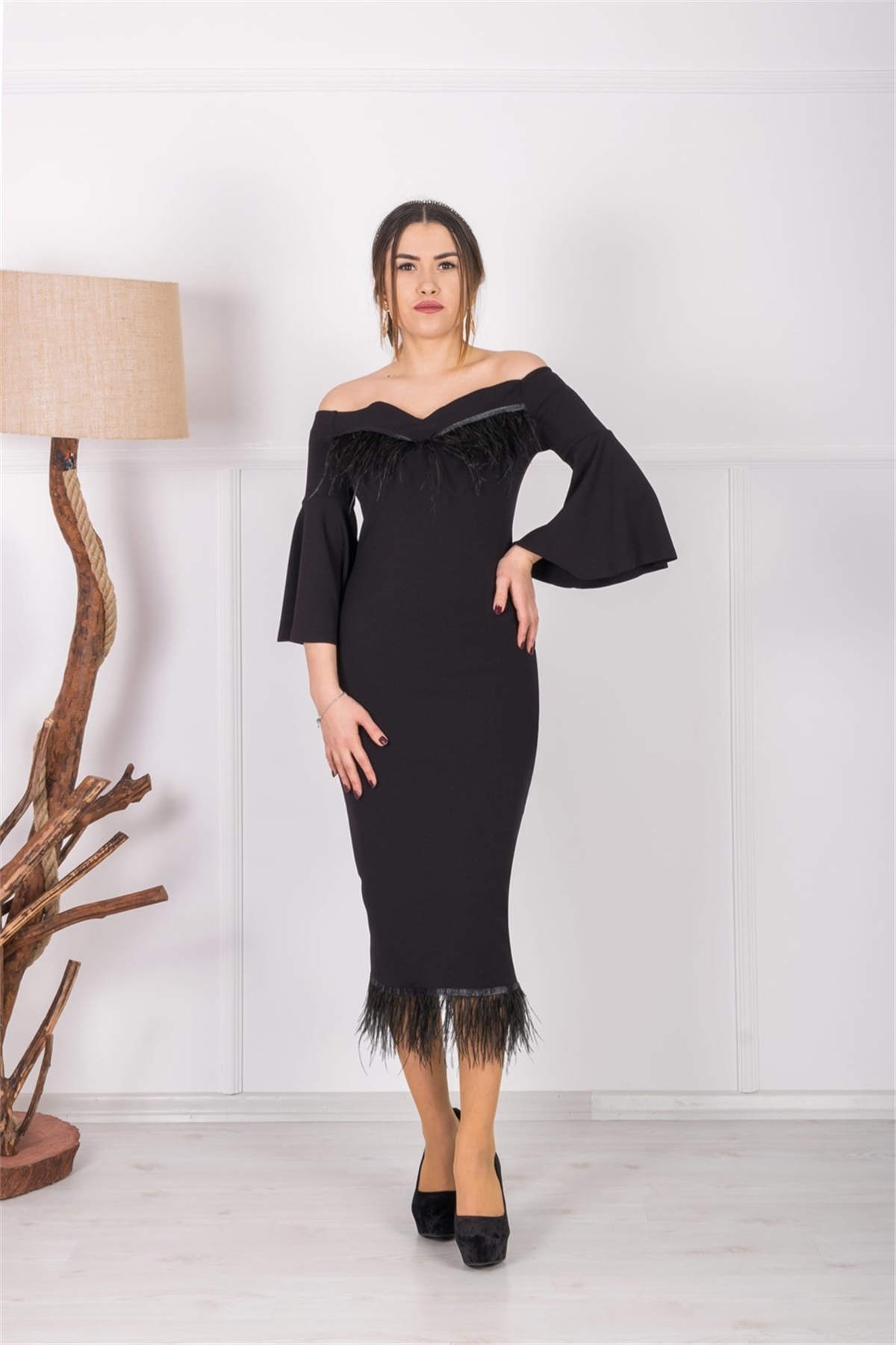 Crepe Fabric Pile Detailed Designed Dress  - Black