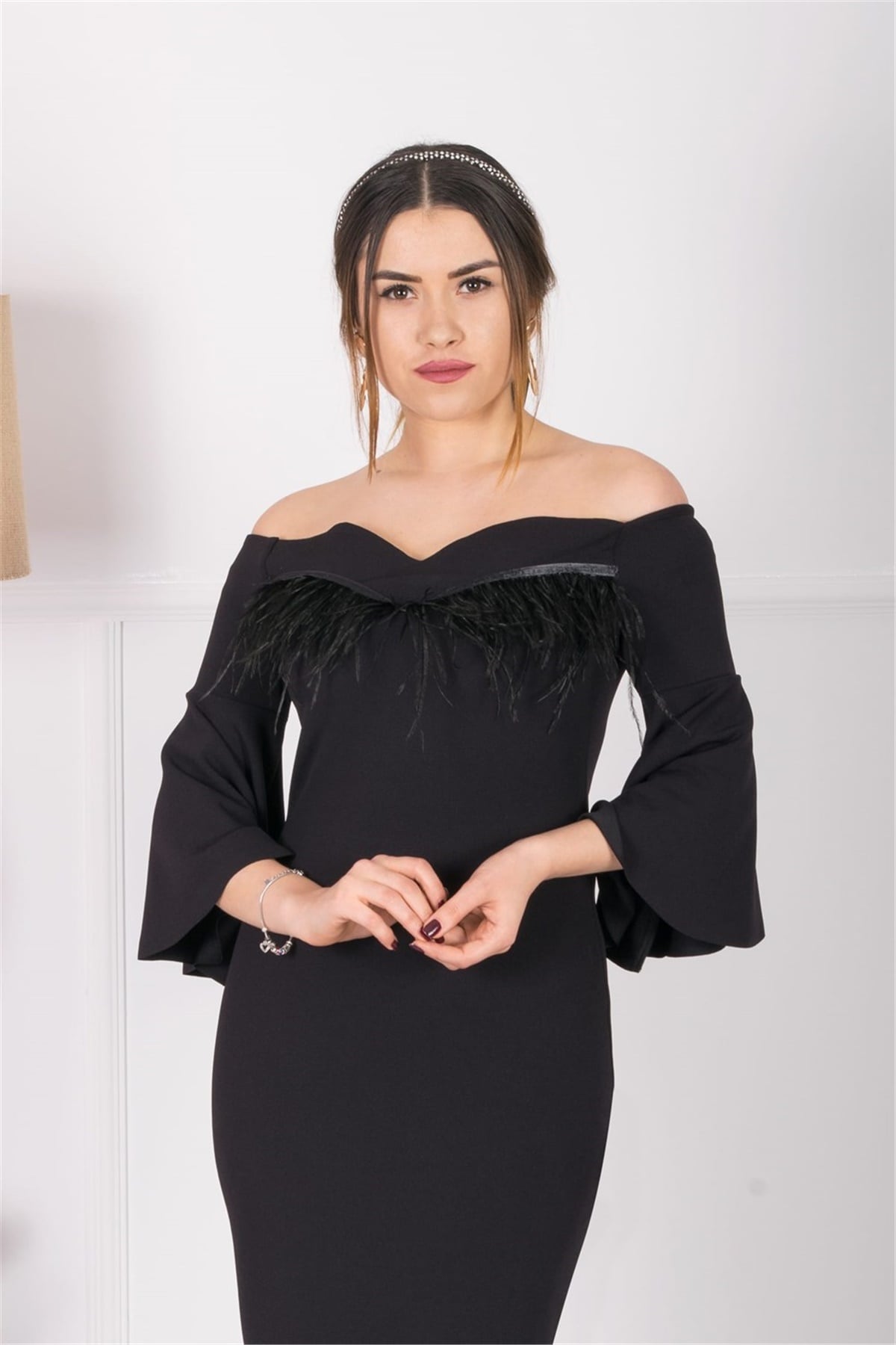Crepe Fabric Pile Detailed Designed Dress  - Black