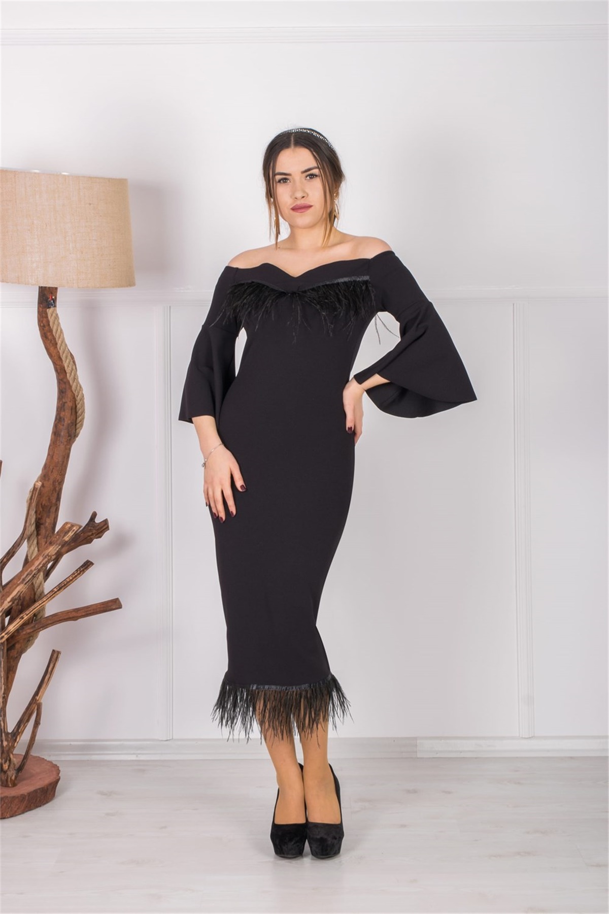 Crepe Fabric Pile Detailed Designed Dress  - Black