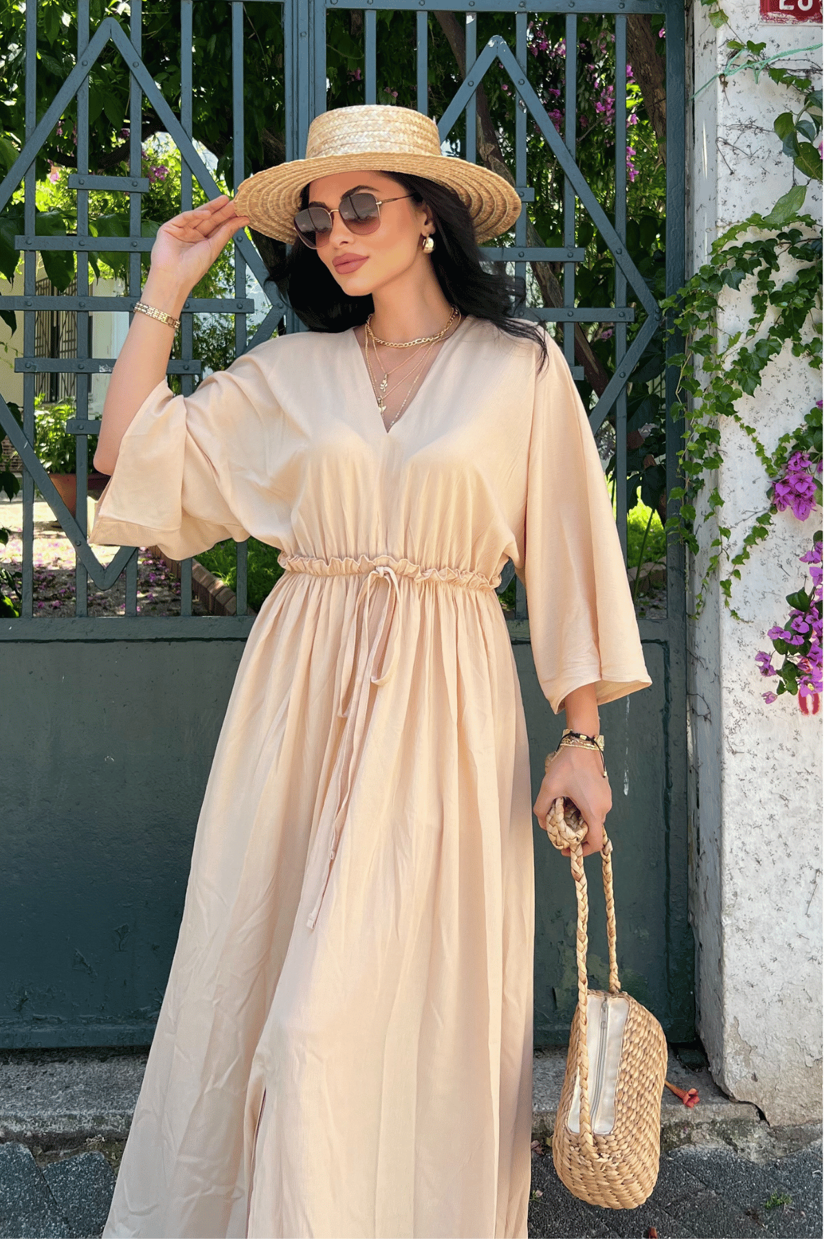 Krinkıl Kumaş Beli Lastikli Elbise - KREM