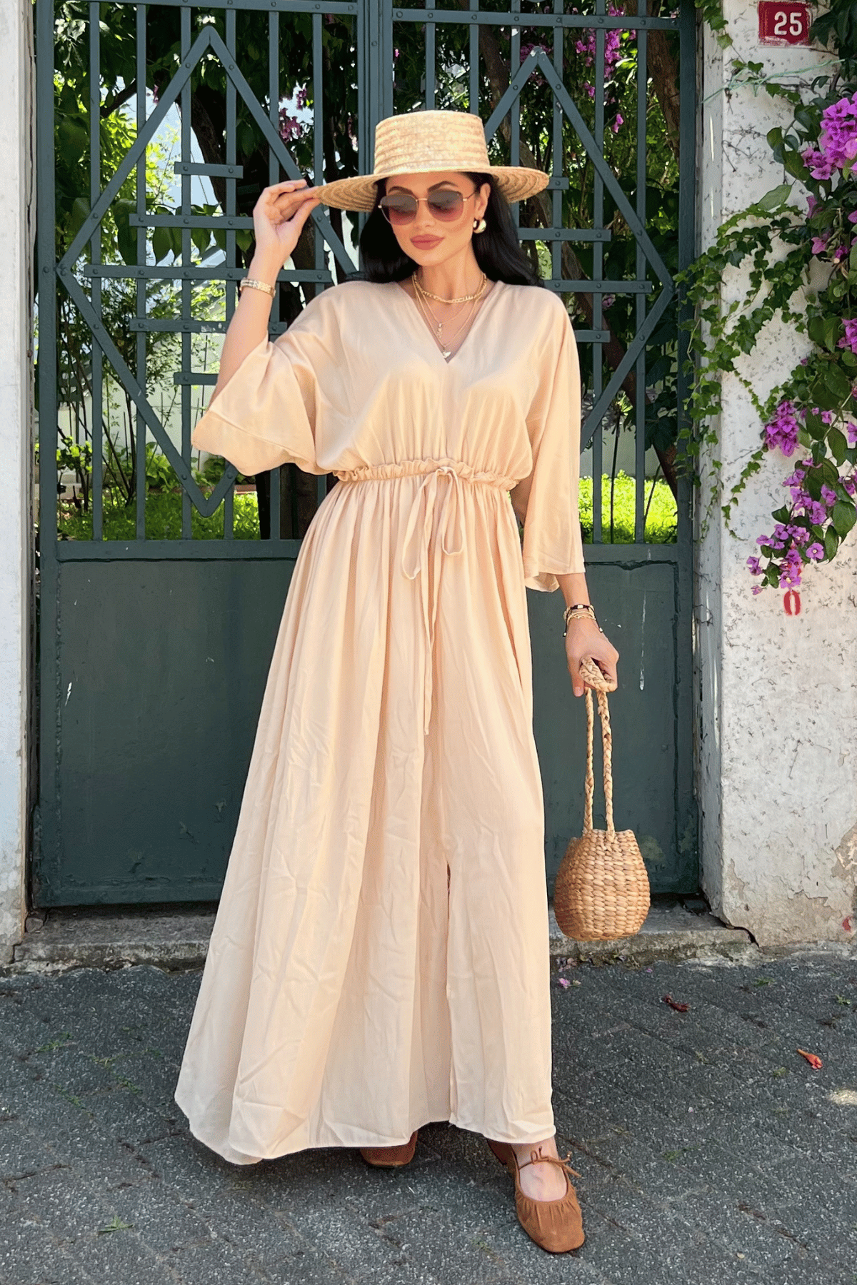 Krinkıl Kumaş Beli Lastikli Elbise - KREM