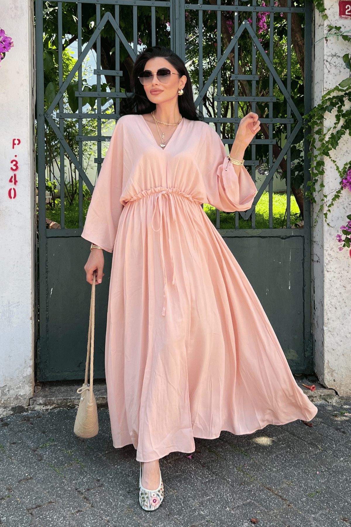 Krinkıl Kumaş Beli Lastikli Elbise - PUDRA