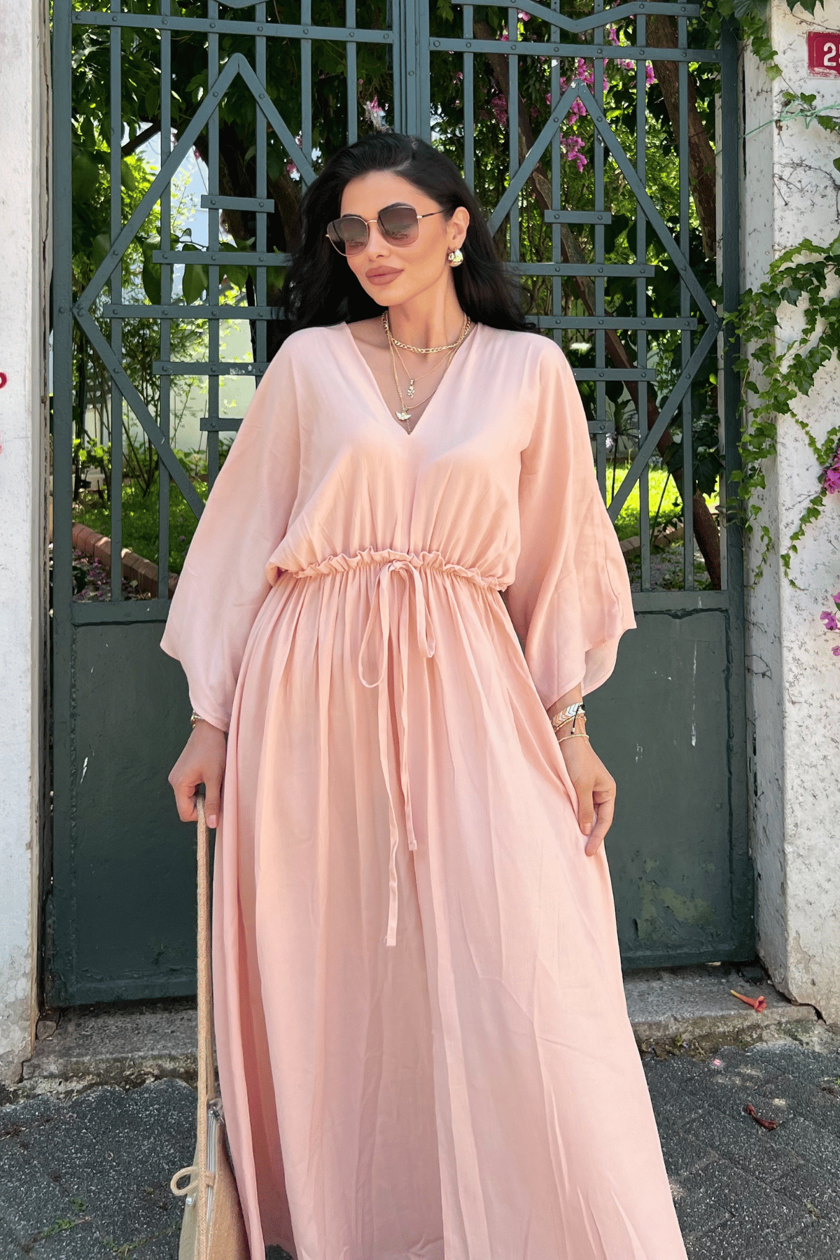 Krinkıl Kumaş Beli Lastikli Elbise - PUDRA