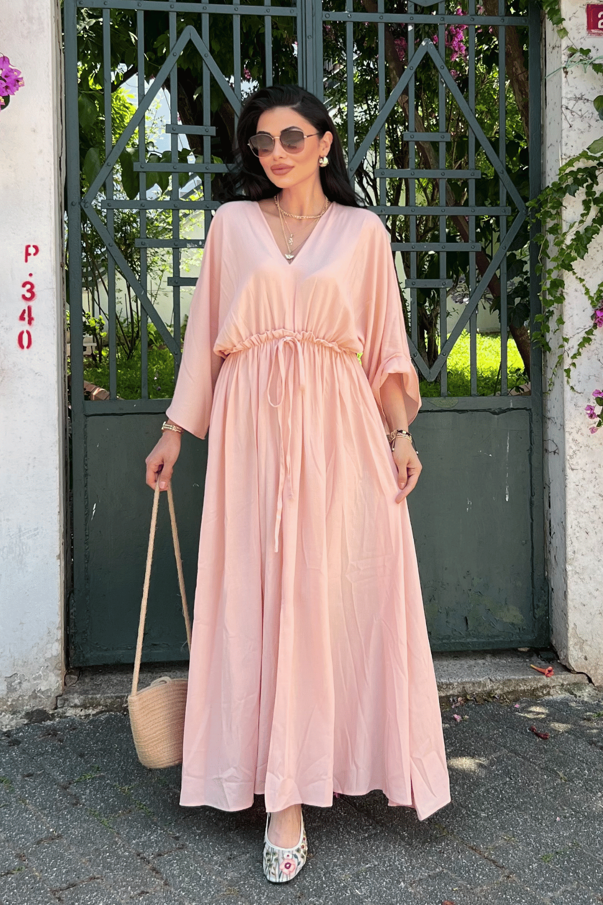 Krinkıl Kumaş Beli Lastikli Elbise - PUDRA