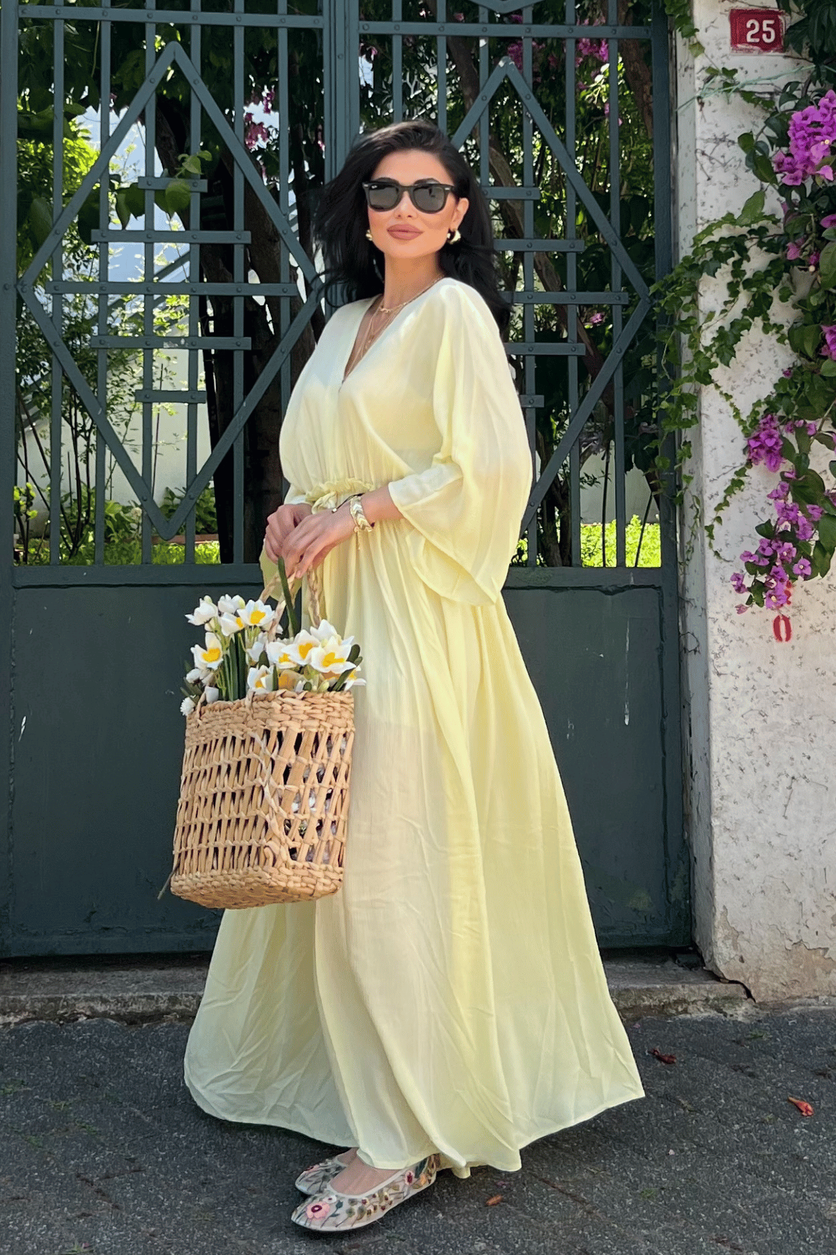 Krinkıl Kumaş Beli Lastikli Elbise - SARI