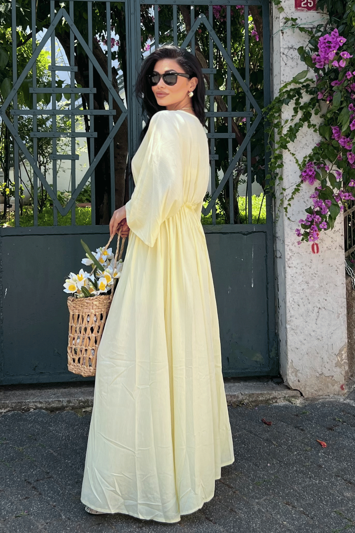 Krinkıl Kumaş Beli Lastikli Elbise - SARI