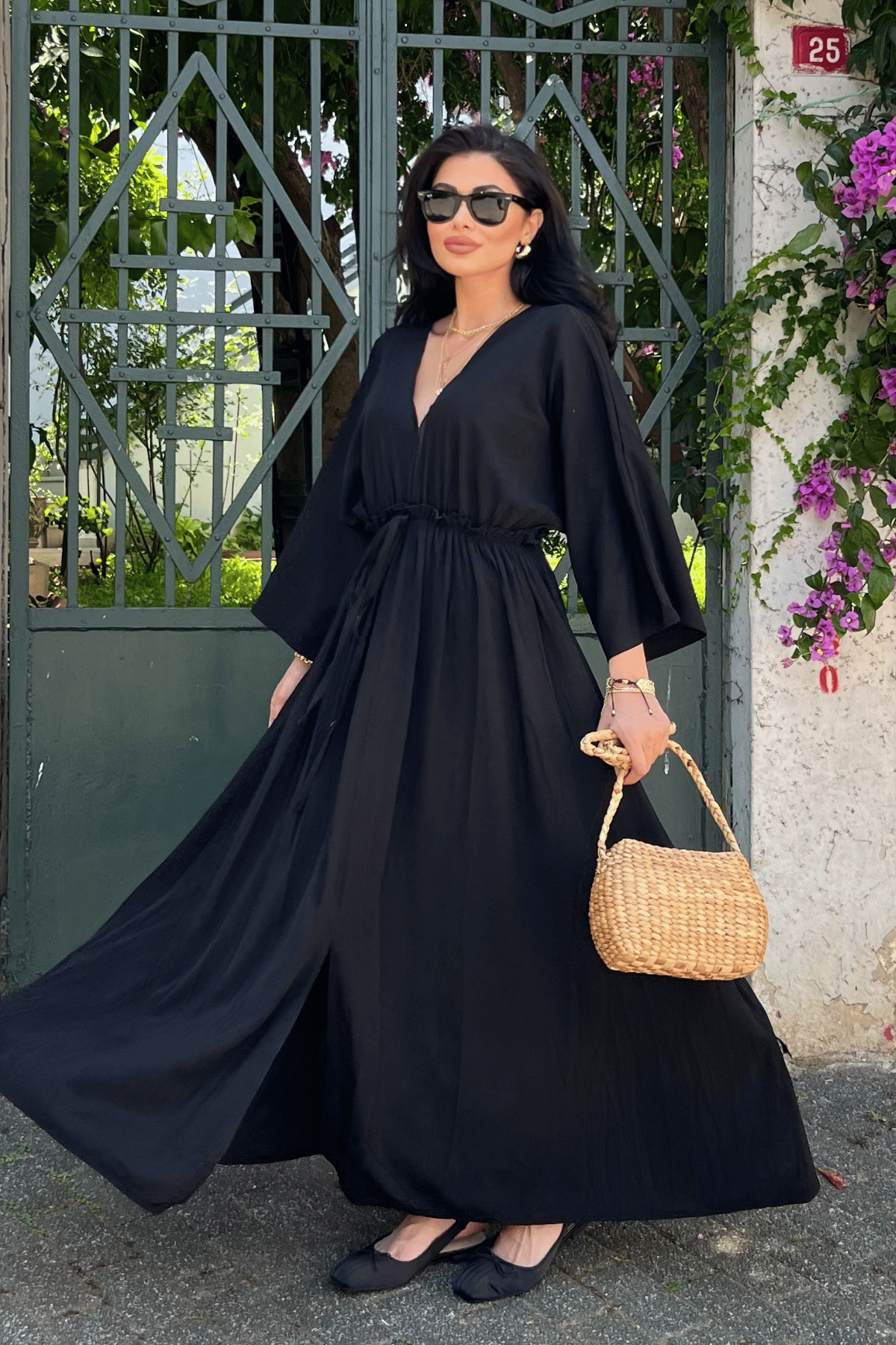 Krinkıl Kumaş Beli Lastikli Elbise - SİYAH