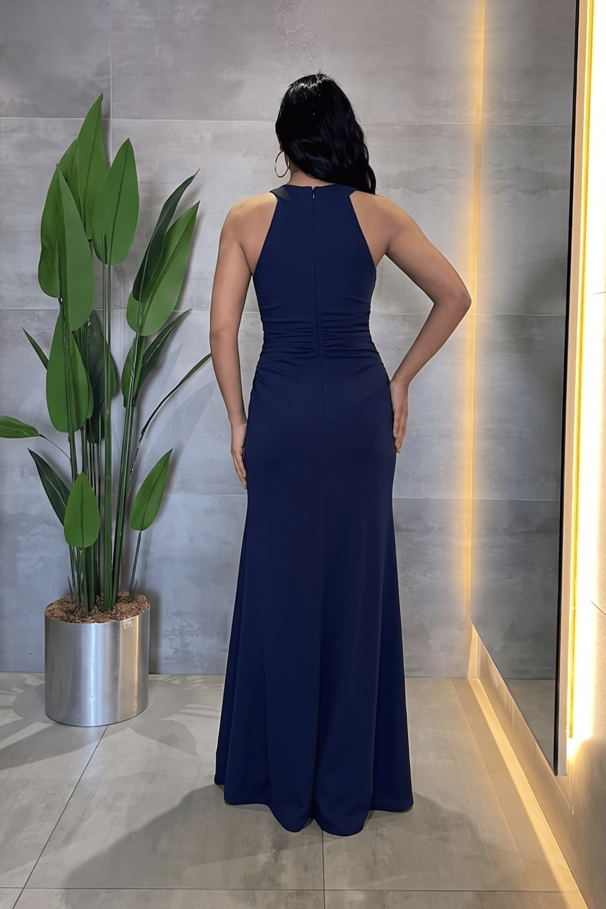 Kristal Kumaş Boyundan Bağlamalı Abiye Elbise - LACİVERT