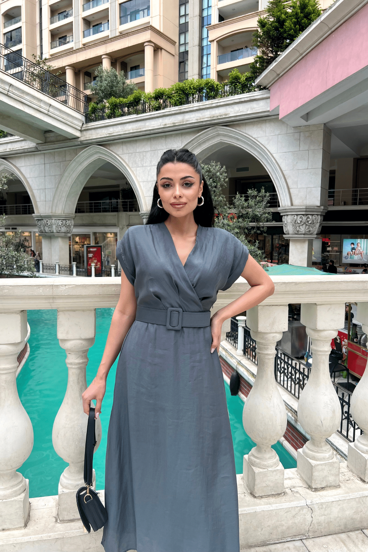 Modal Kumaş Kruvaze Yaka Midi Elbise - ANTRASİT