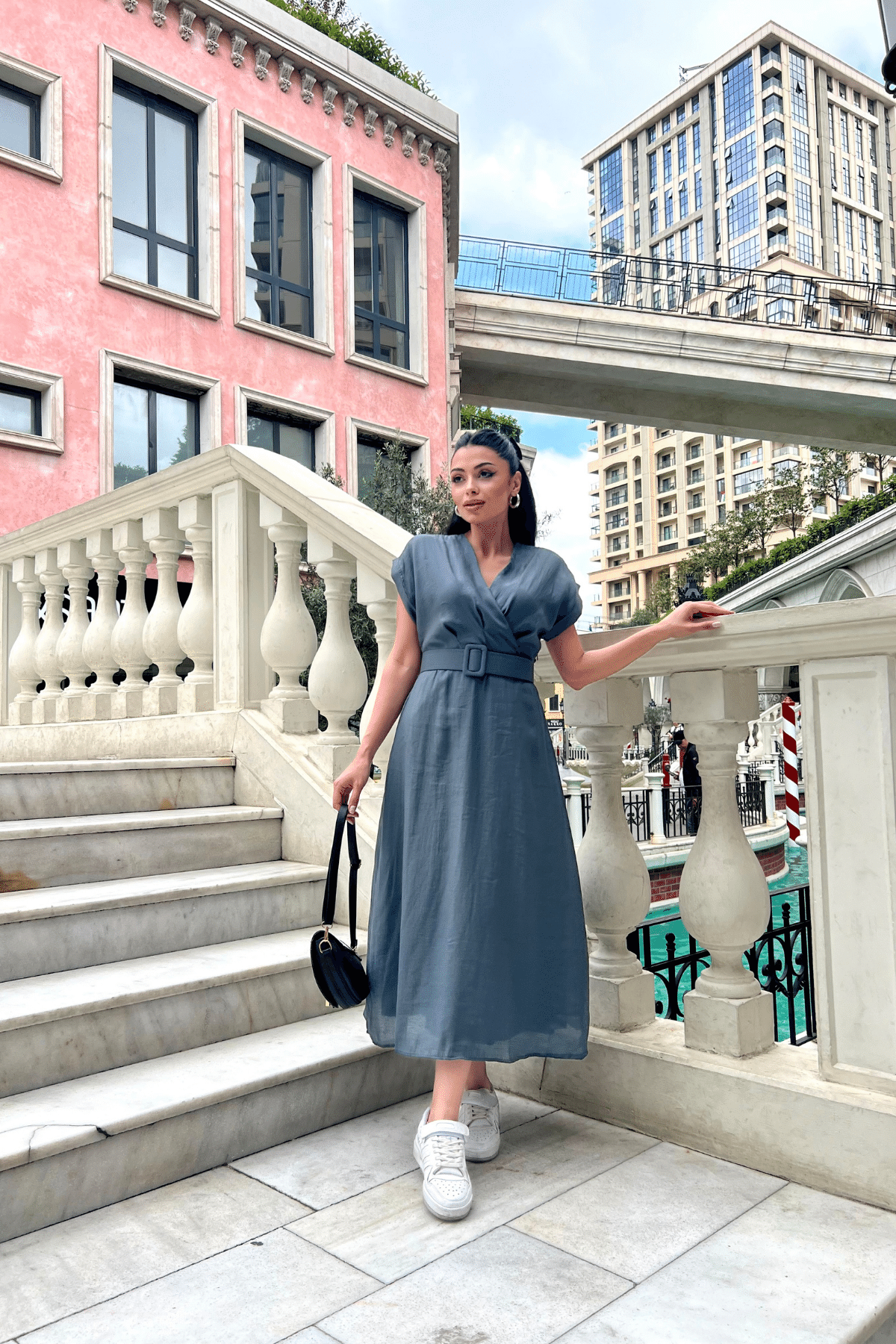 Modal Kumaş Kruvaze Yaka Midi Elbise - ANTRASİT