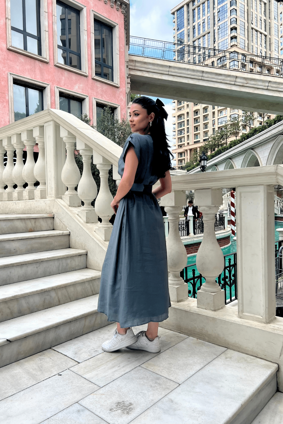 Modal Kumaş Kruvaze Yaka Midi Elbise - ANTRASİT