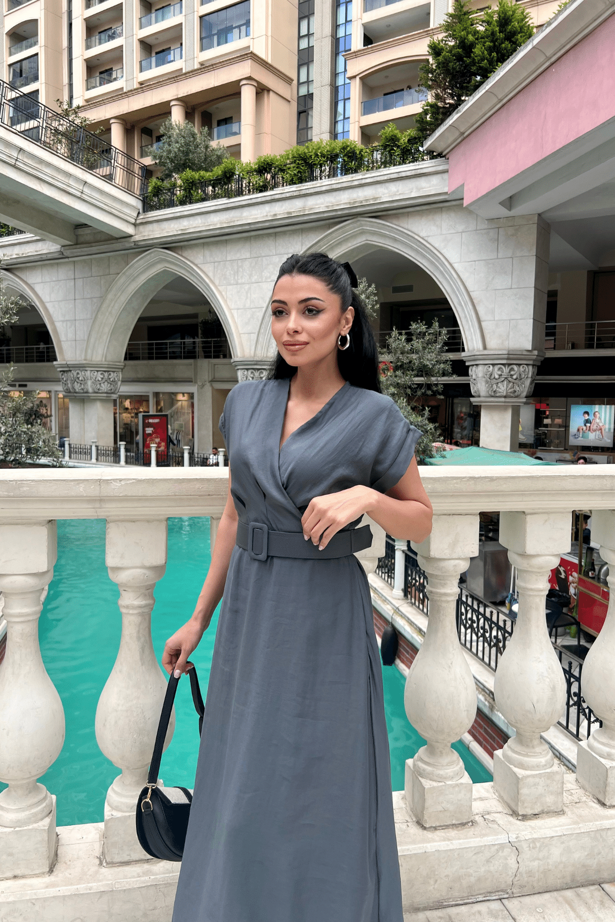 Modal Kumaş Kruvaze Yaka Midi Elbise - ANTRASİT