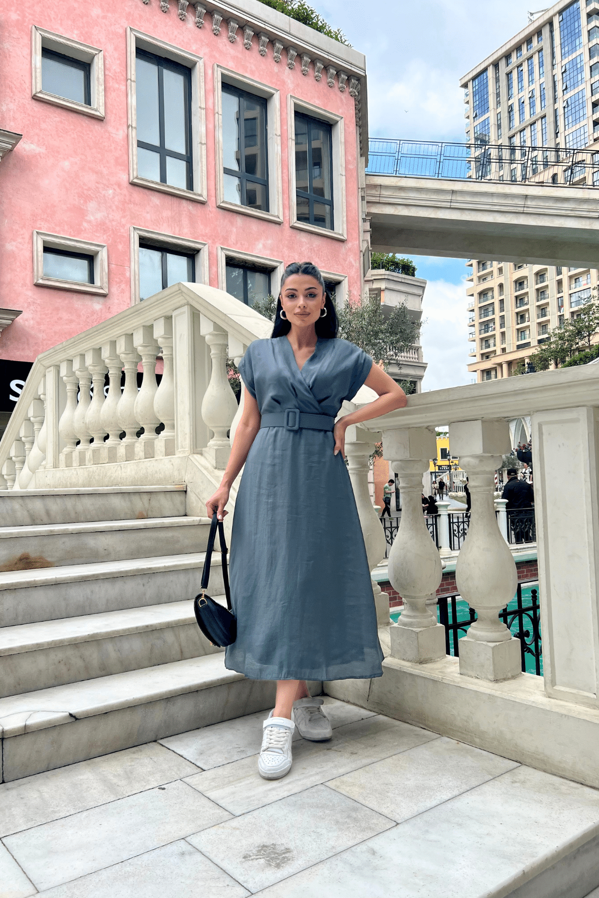 Modal Kumaş Kruvaze Yaka Midi Elbise - ANTRASİT