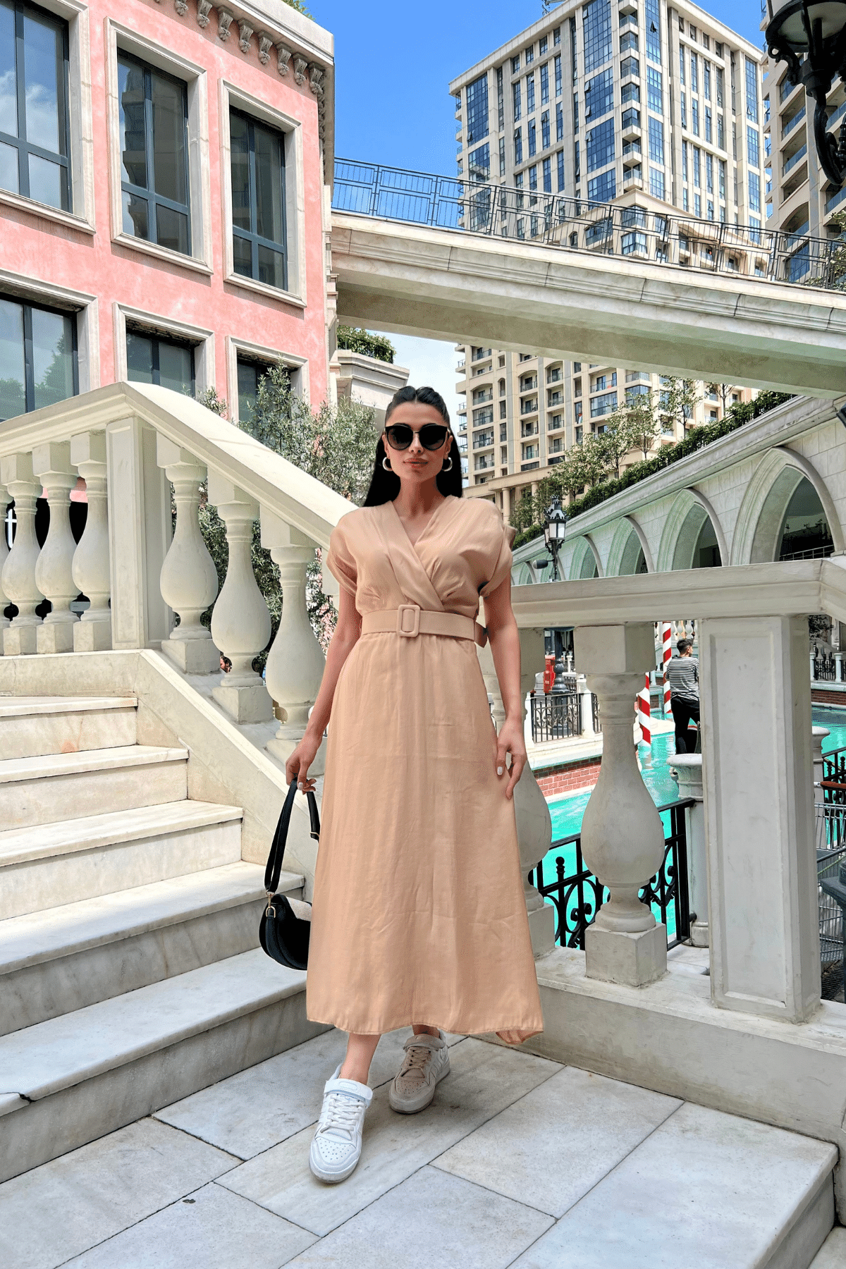 Modal Kumaş Kruvaze Yaka Midi Elbise - KREM