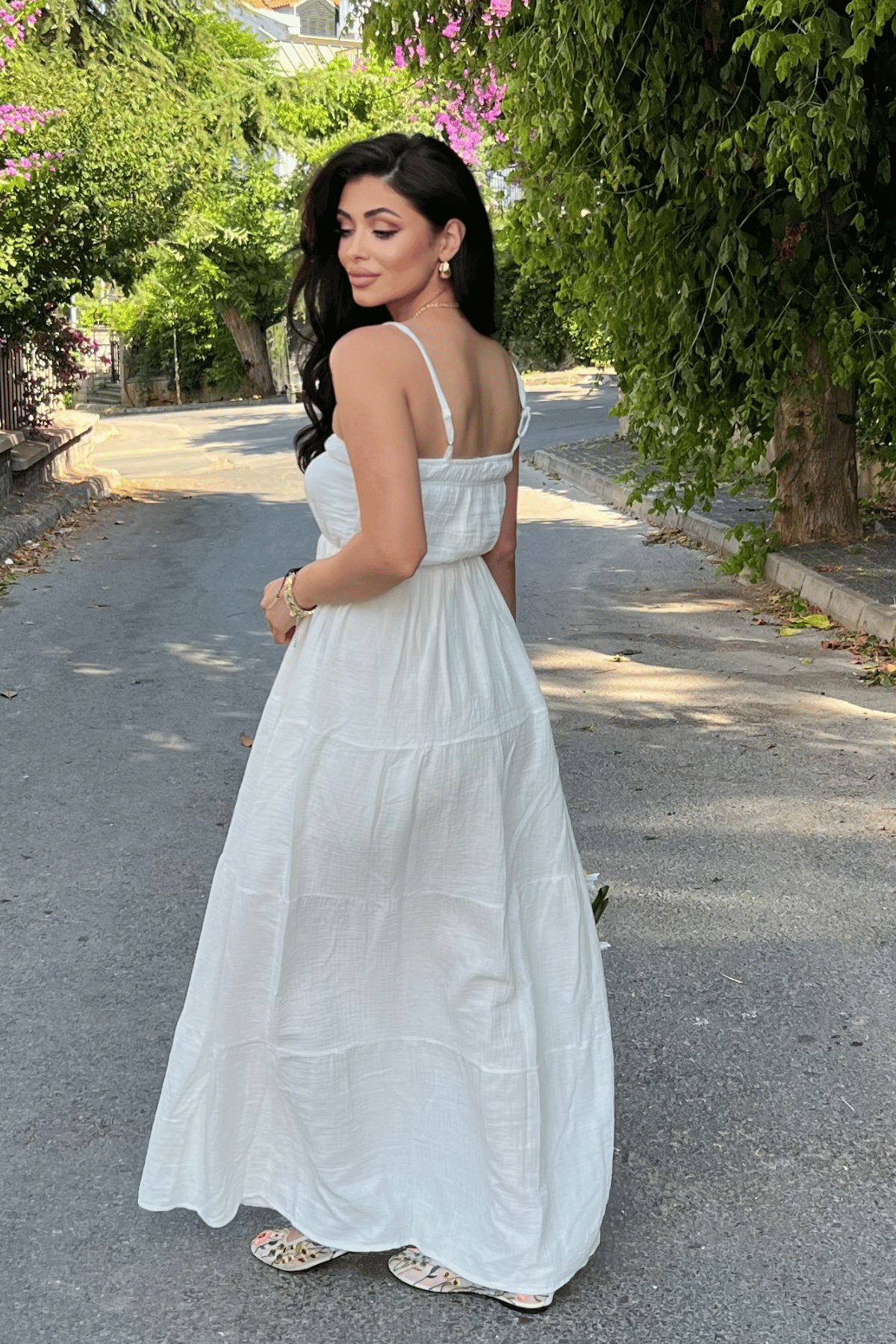 Müslin Kumaş Uzun Elbise - BEYAZ