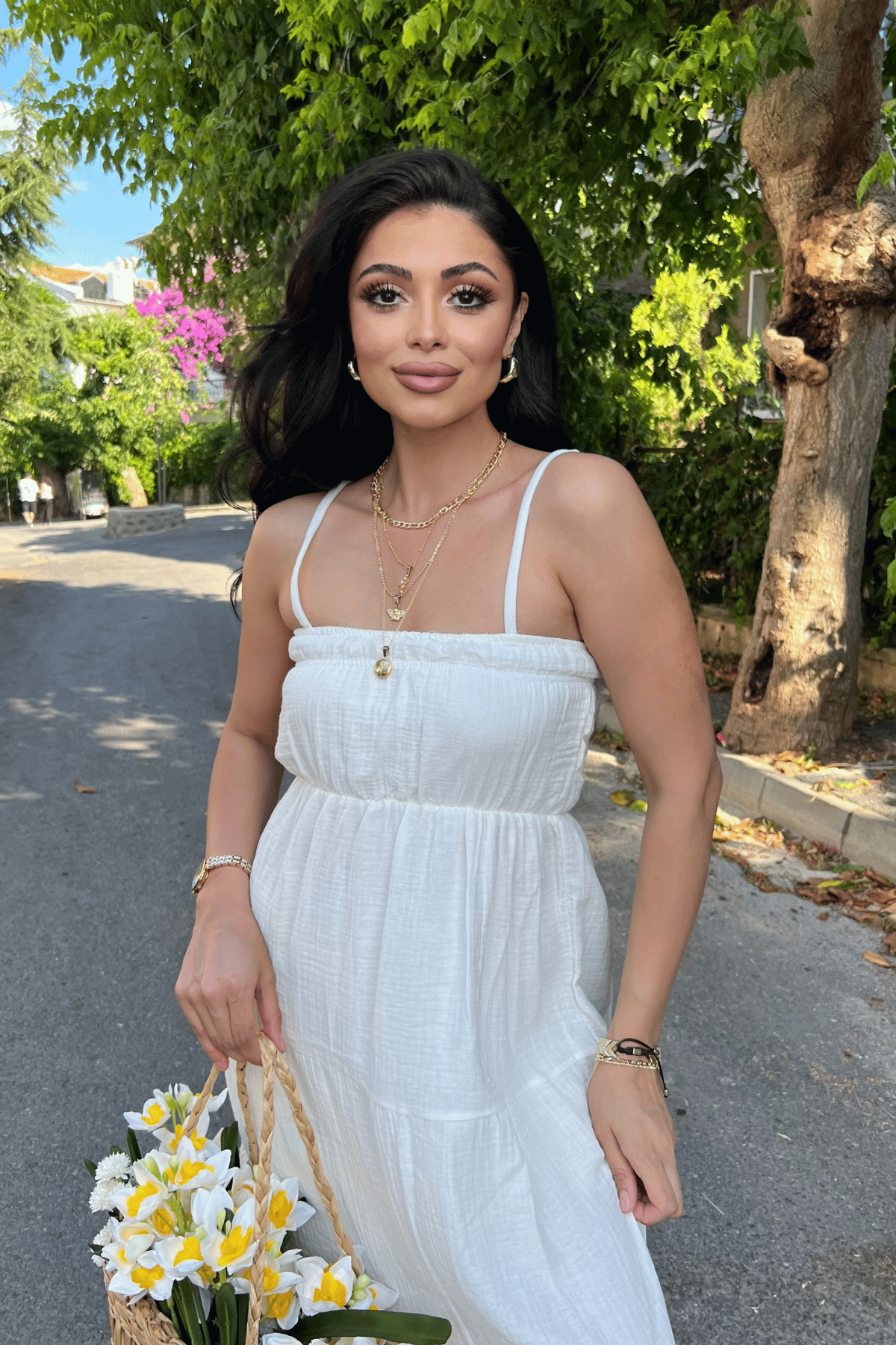 Müslin Kumaş Uzun Elbise - BEYAZ