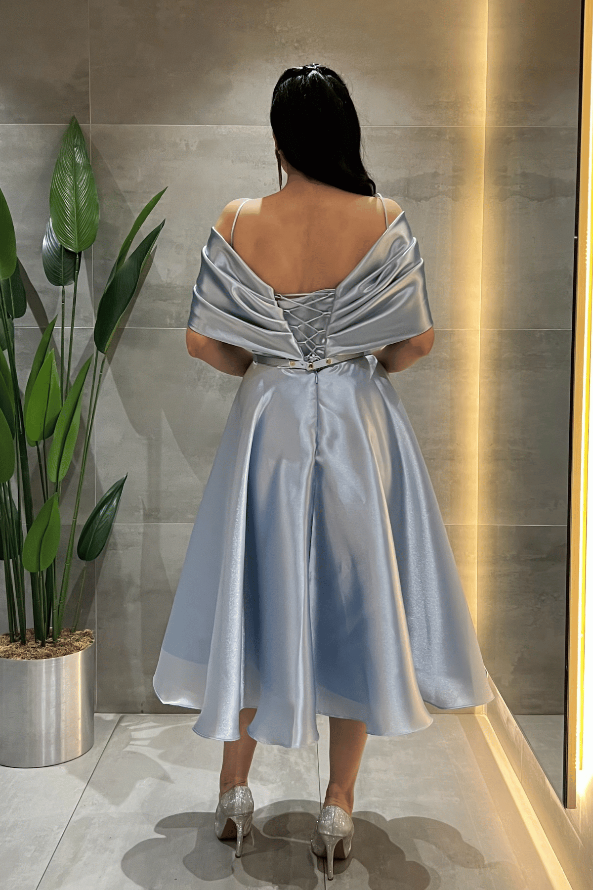 Organze Kumaş Düşük Omuz Midi Elbise - BEBE MAVİSİ
