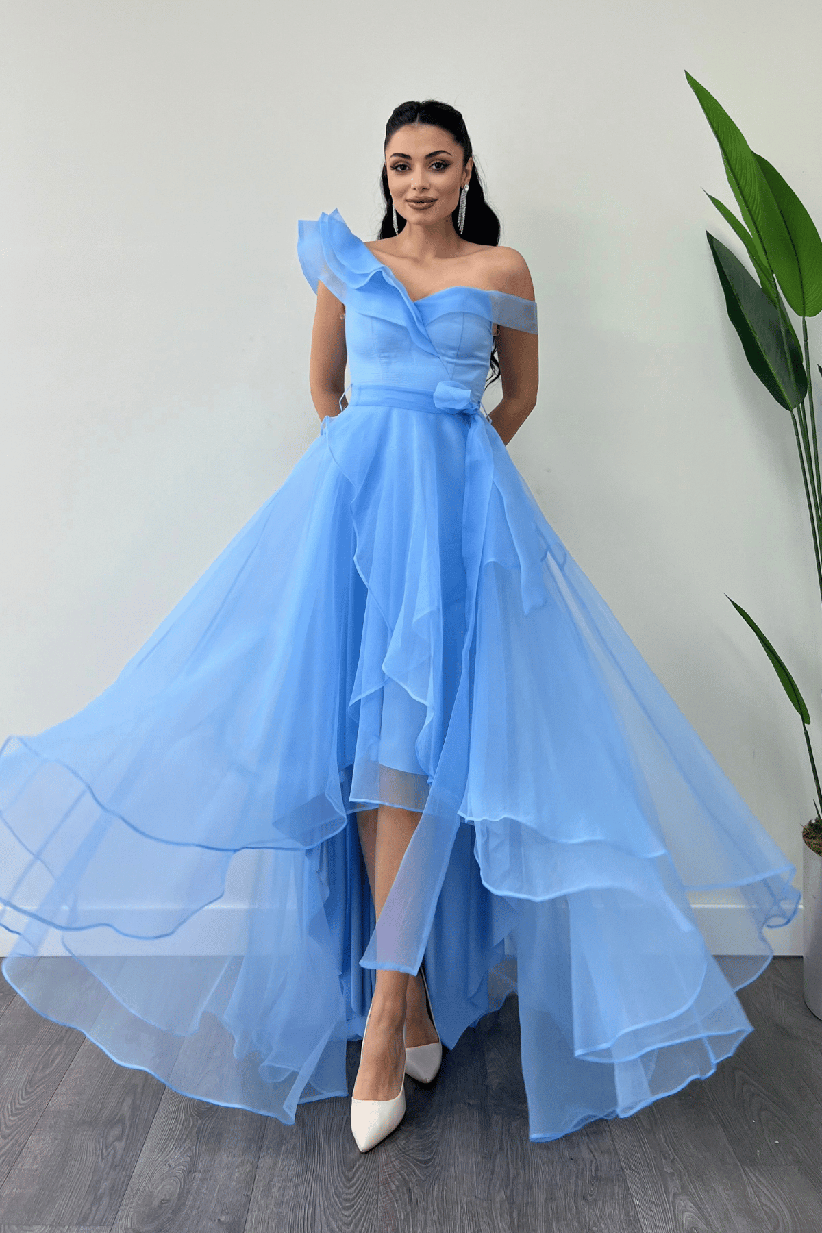 Organze Kumaş Kat Kat Abiye Elbise - BEBE MAVİSİ