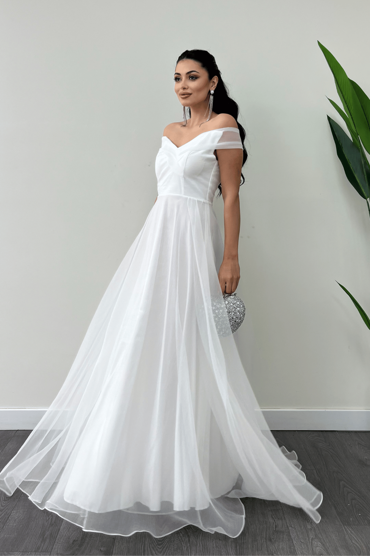 Organze Kumaş Kayık Yaka Prenses Elbise - BEYAZ