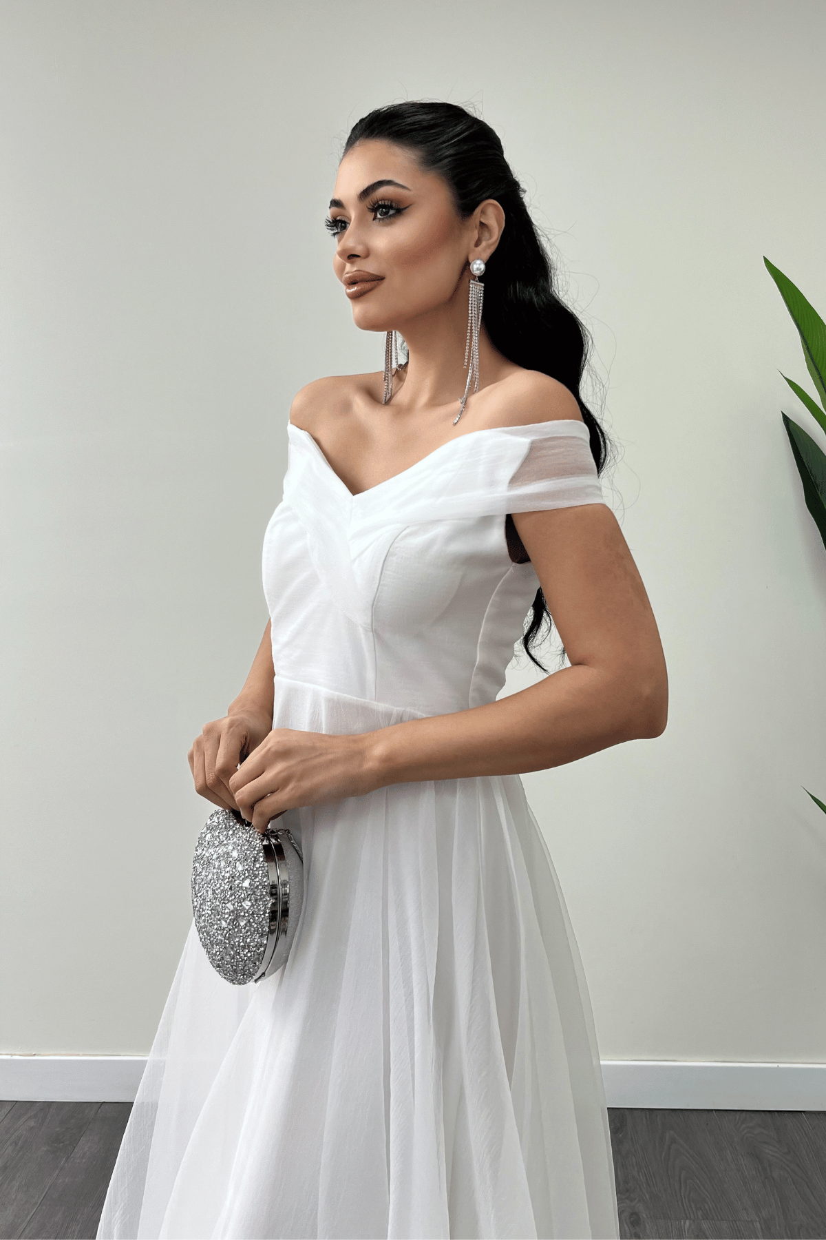 Organze Kumaş Kayık Yaka Prenses Elbise - BEYAZ