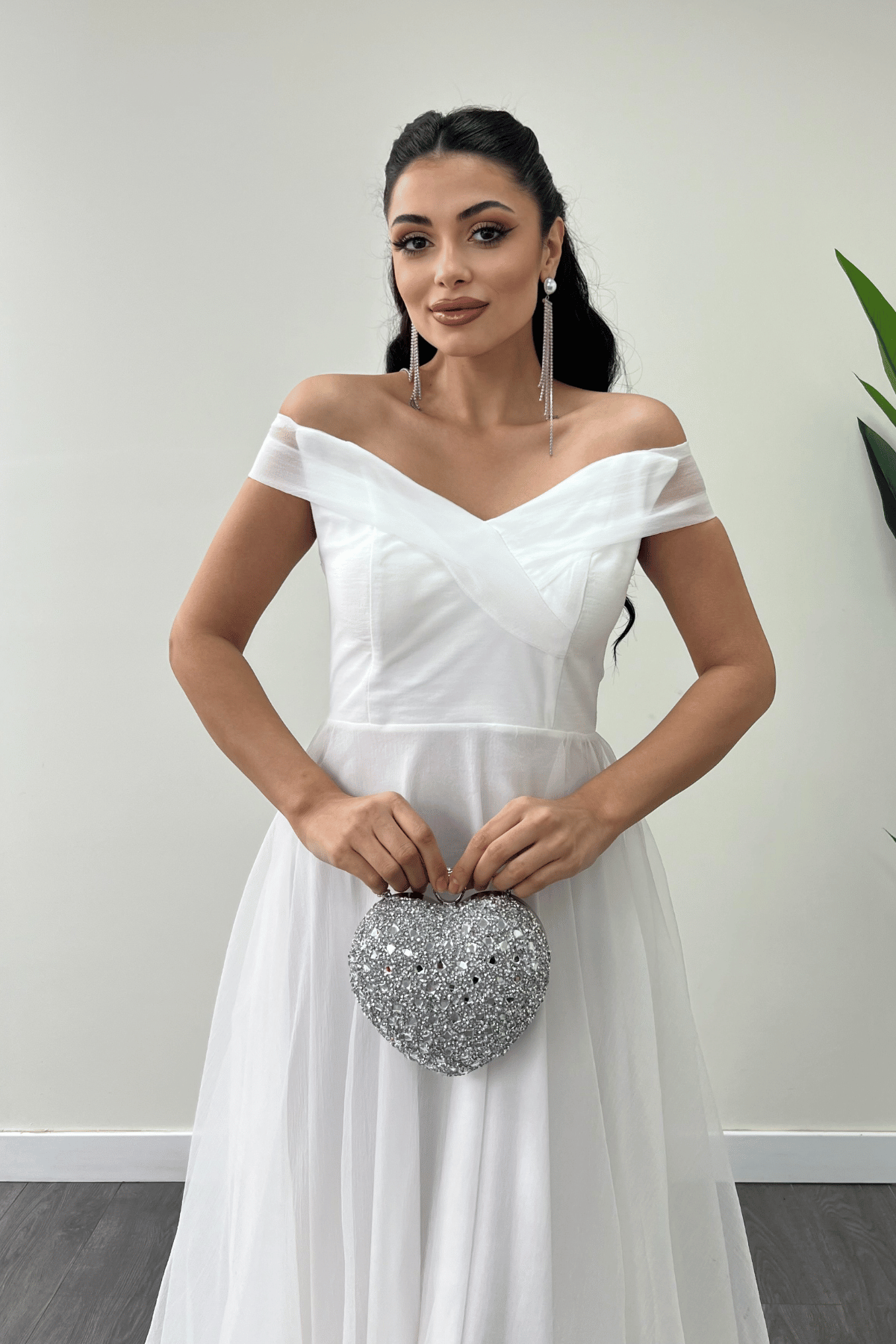 Organze Kumaş Kayık Yaka Prenses Elbise - BEYAZ