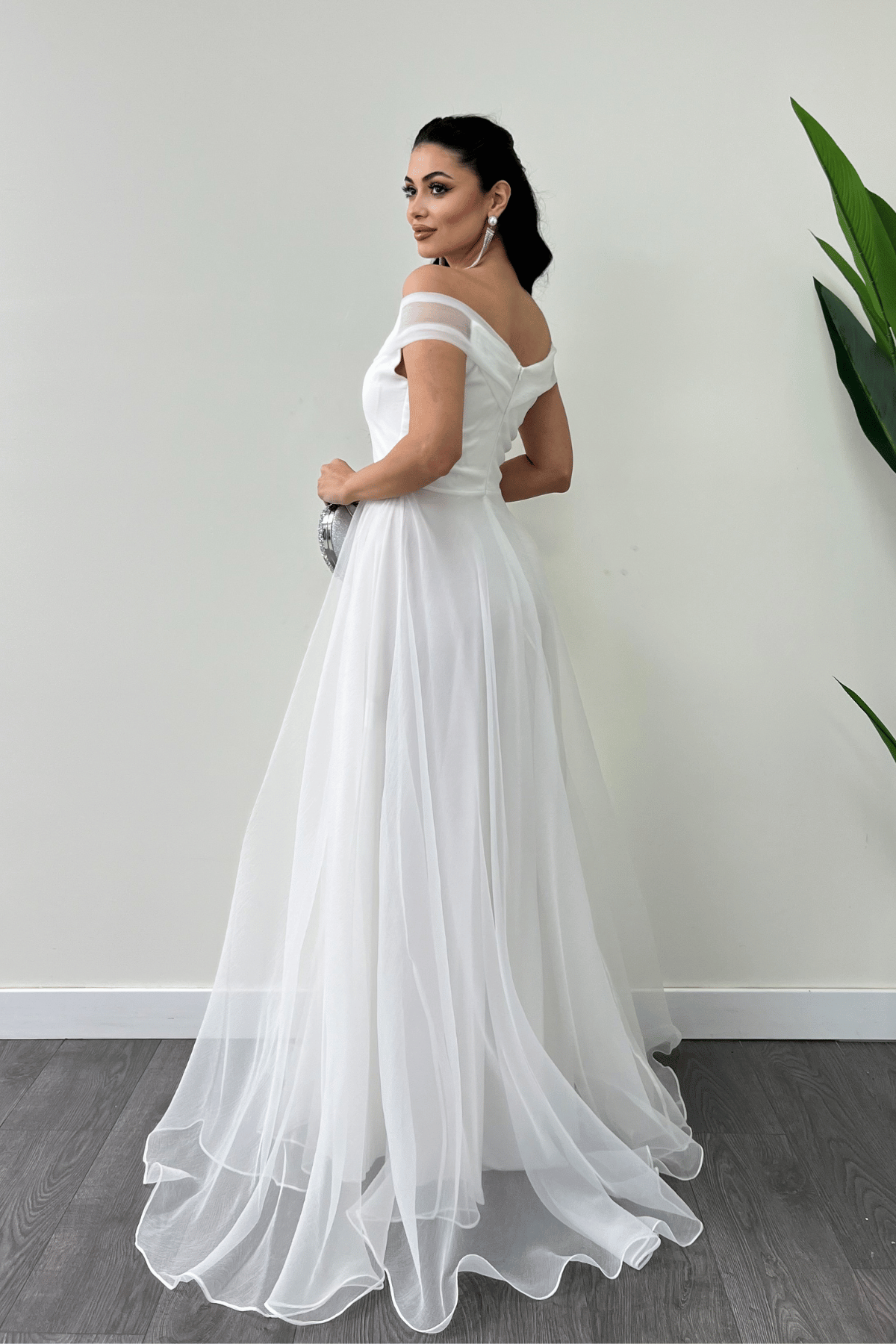 Organze Kumaş Kayık Yaka Prenses Elbise - BEYAZ