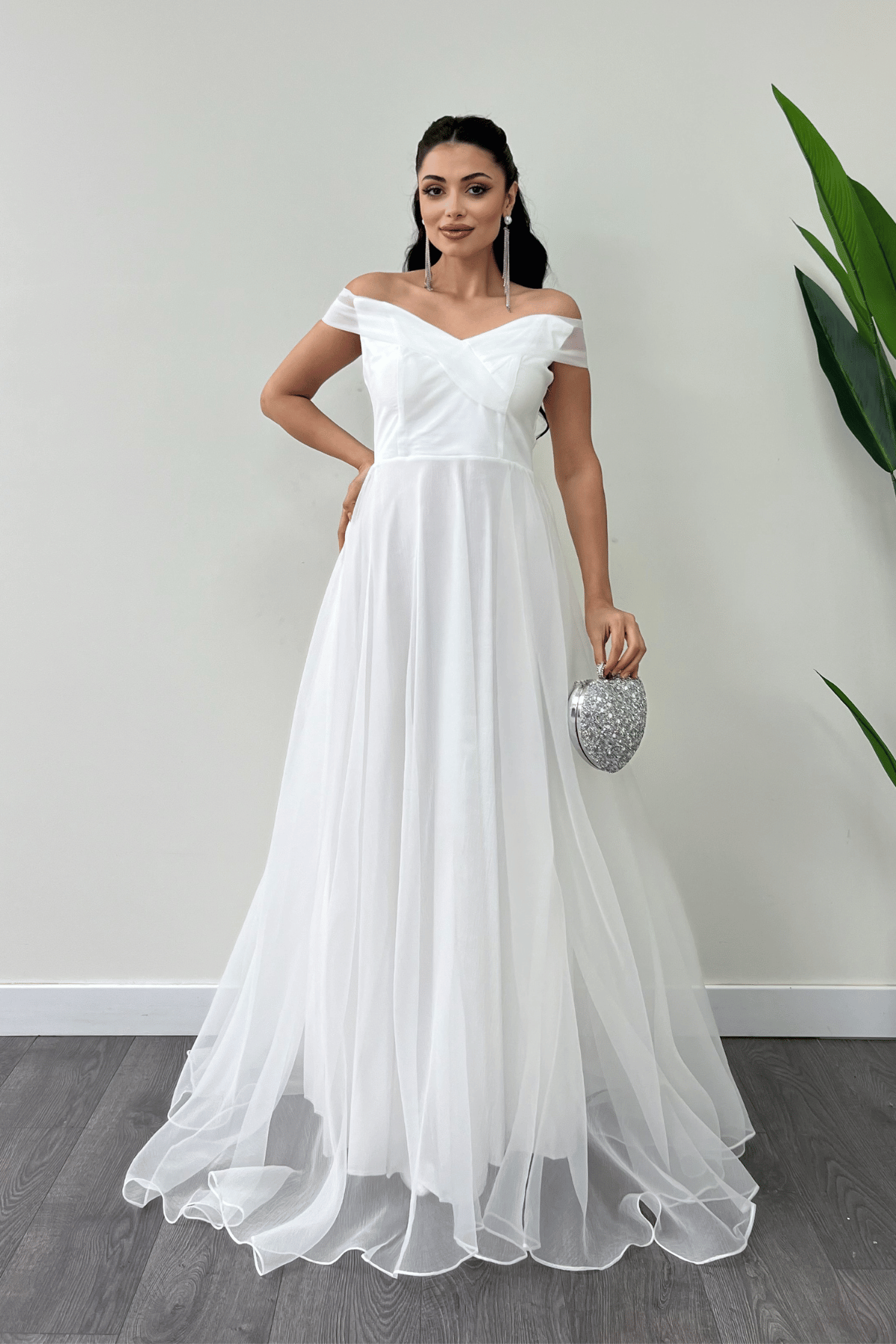 Organze Kumaş Kayık Yaka Prenses Elbise - BEYAZ