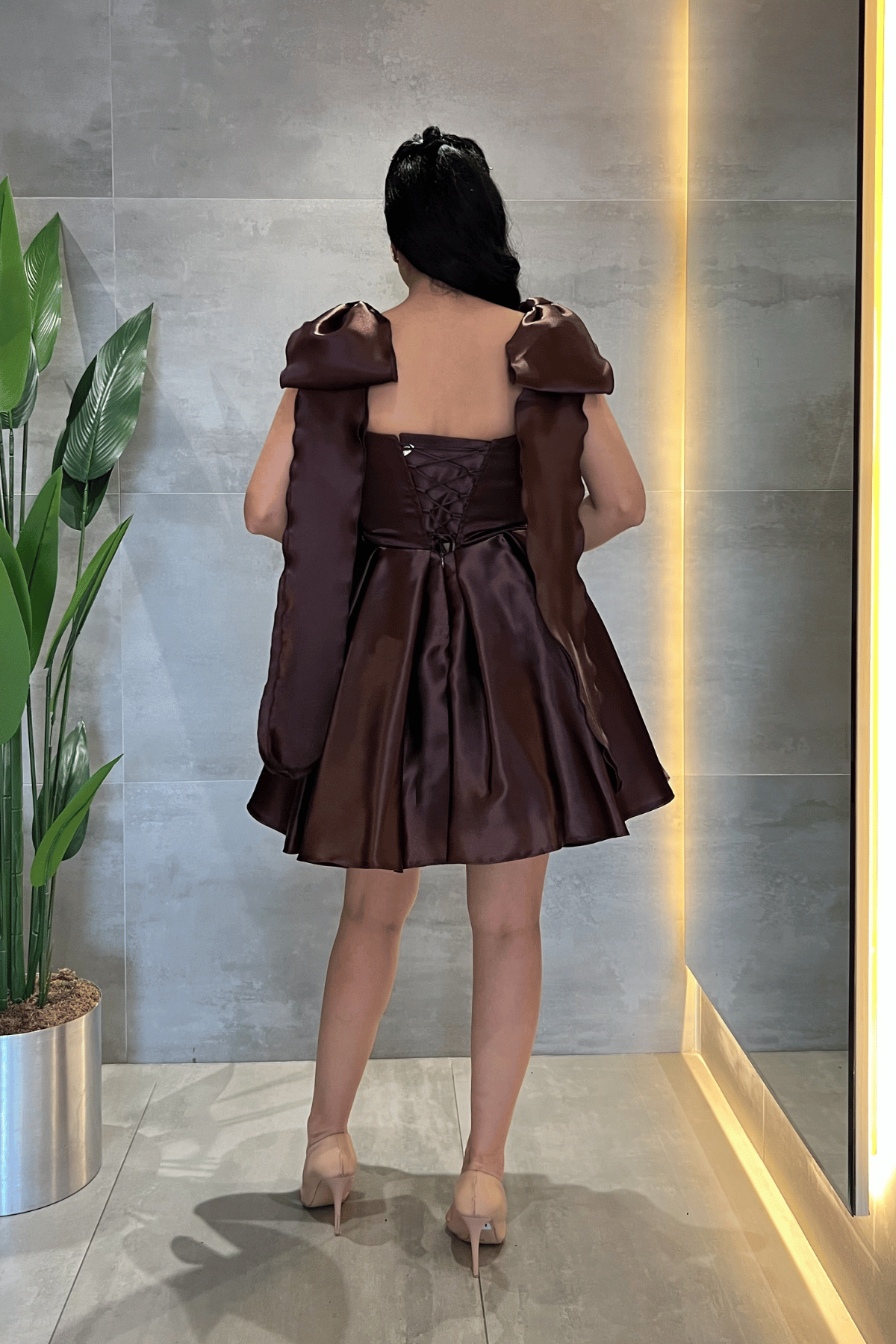Organze Saten Kumaş Prenses Mini Elbise - KAHVERENGİ