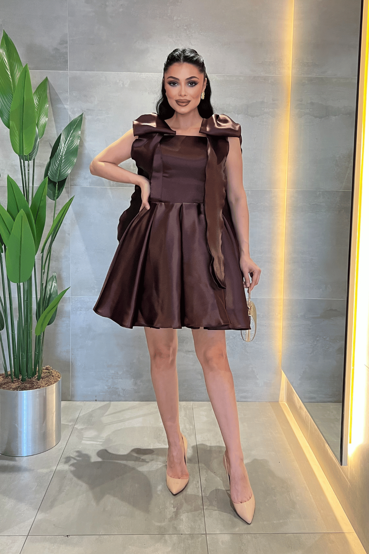 Organze Saten Kumaş Prenses Mini Elbise - KAHVERENGİ
