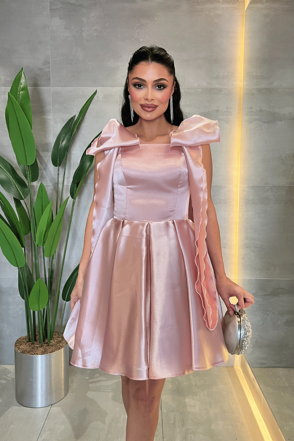 Organze Saten Kumaş Prenses Mini Elbise - PEMBE