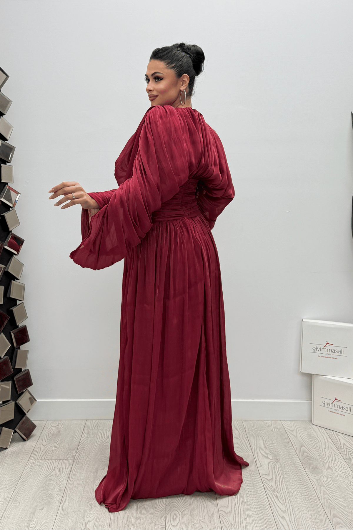 Organze Şifon Beli Korse Detaylı Abiye Elbise - BORDO