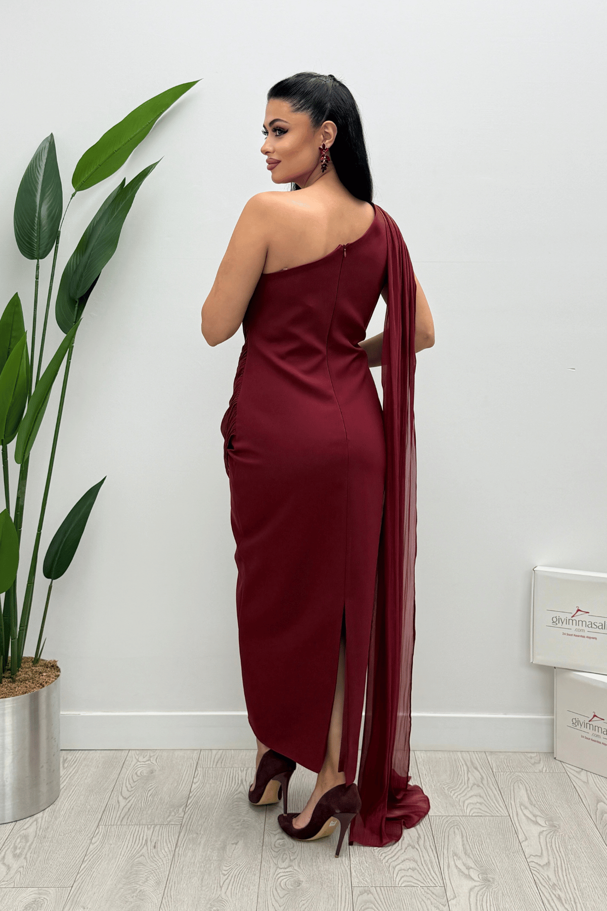 Organze Şifon Double Kumaş Şal Detaylı Elbise - BORDO