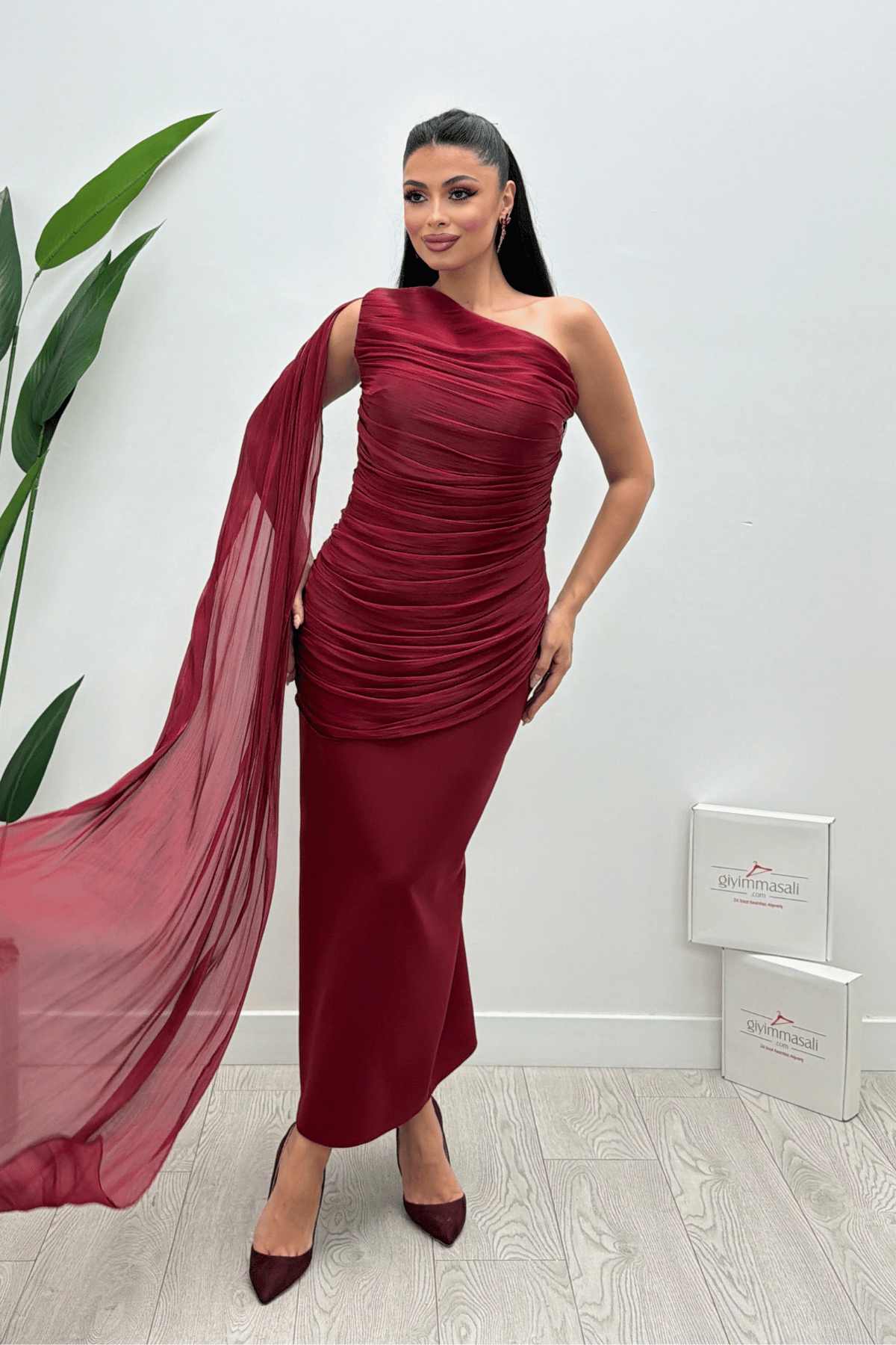 Organze Şifon Double Kumaş Şal Detaylı Elbise - BORDO