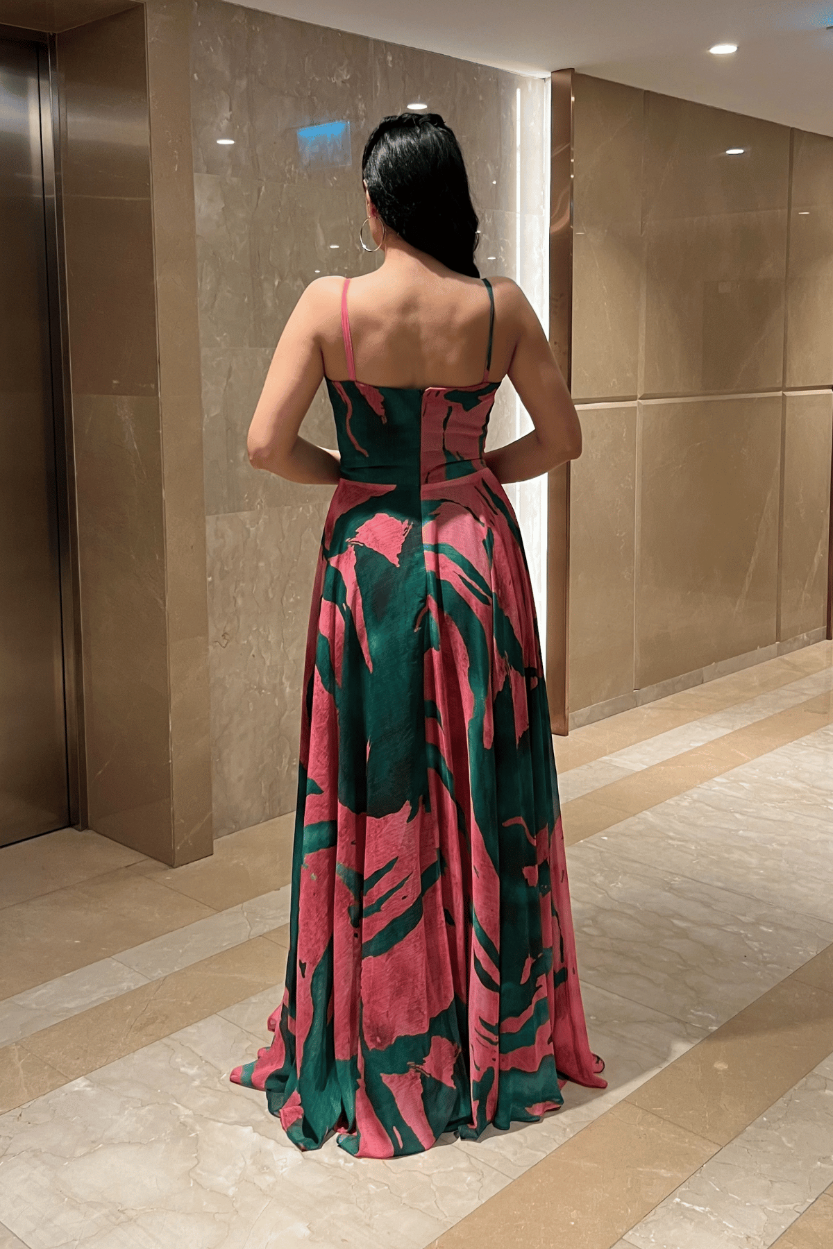 Organze Sifon Kumaş Desenli Maxi Elbise - YEŞİL