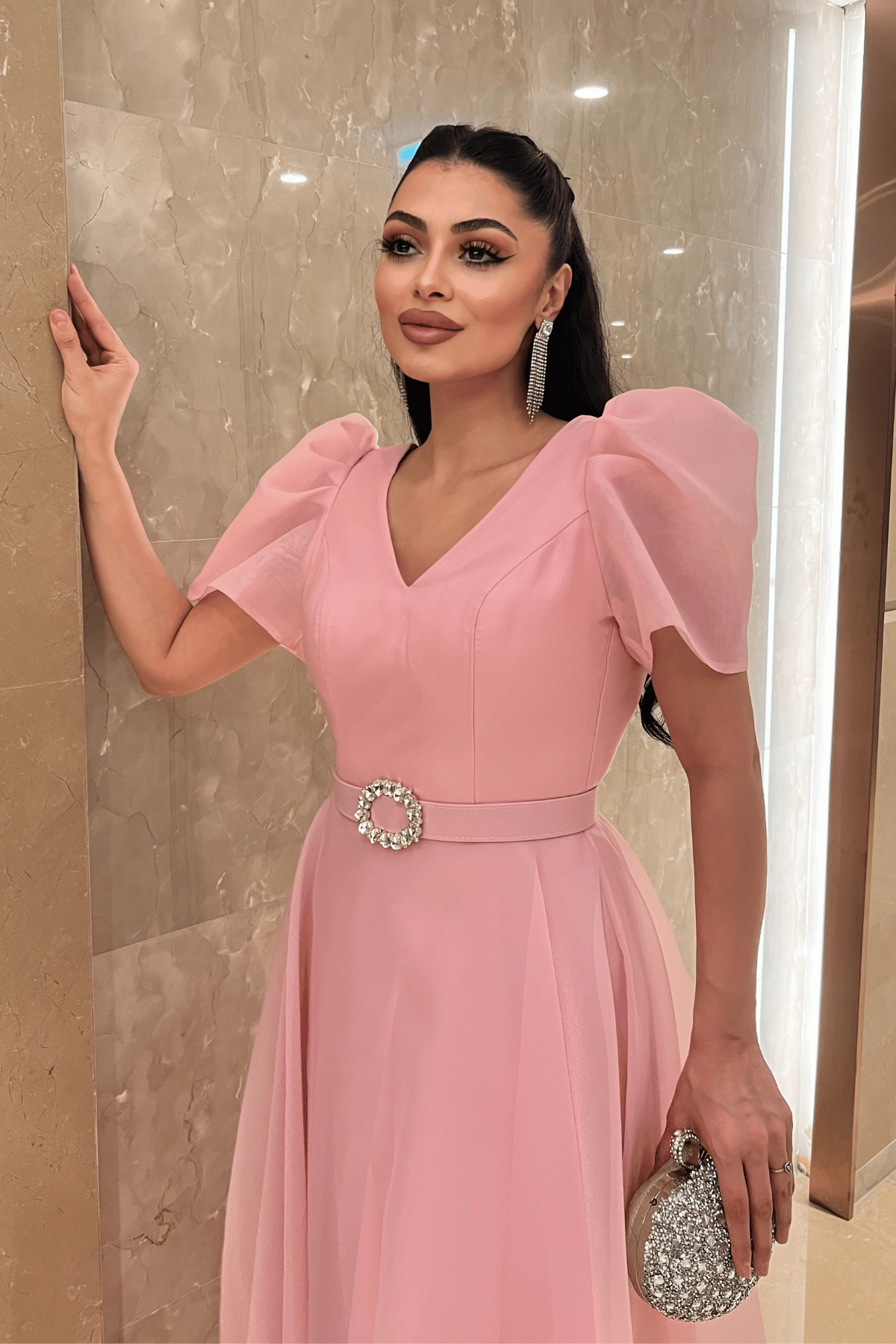 Organze Şifon Kumaş Kısa Kol Midi Boy Elbise - PEMBE