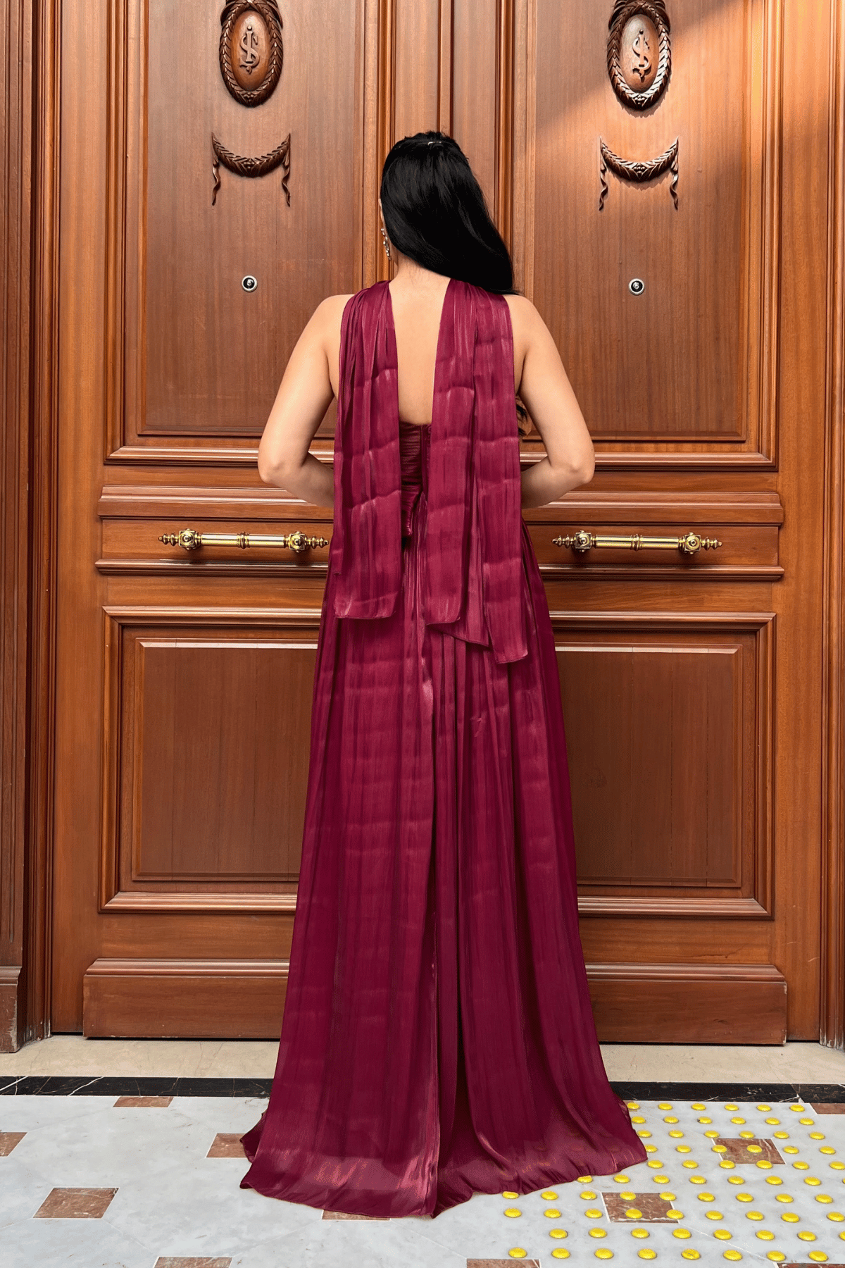 Organze Şifon Kumaş Taş Detaylı Abiye Elbise - BORDO