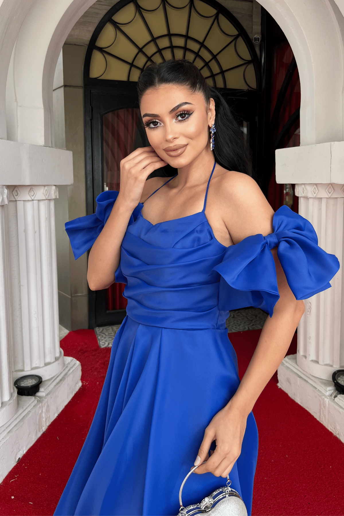 Organze Tül Kumaş Sırt Detaylı Midi Elbise - SAKS MAVİ