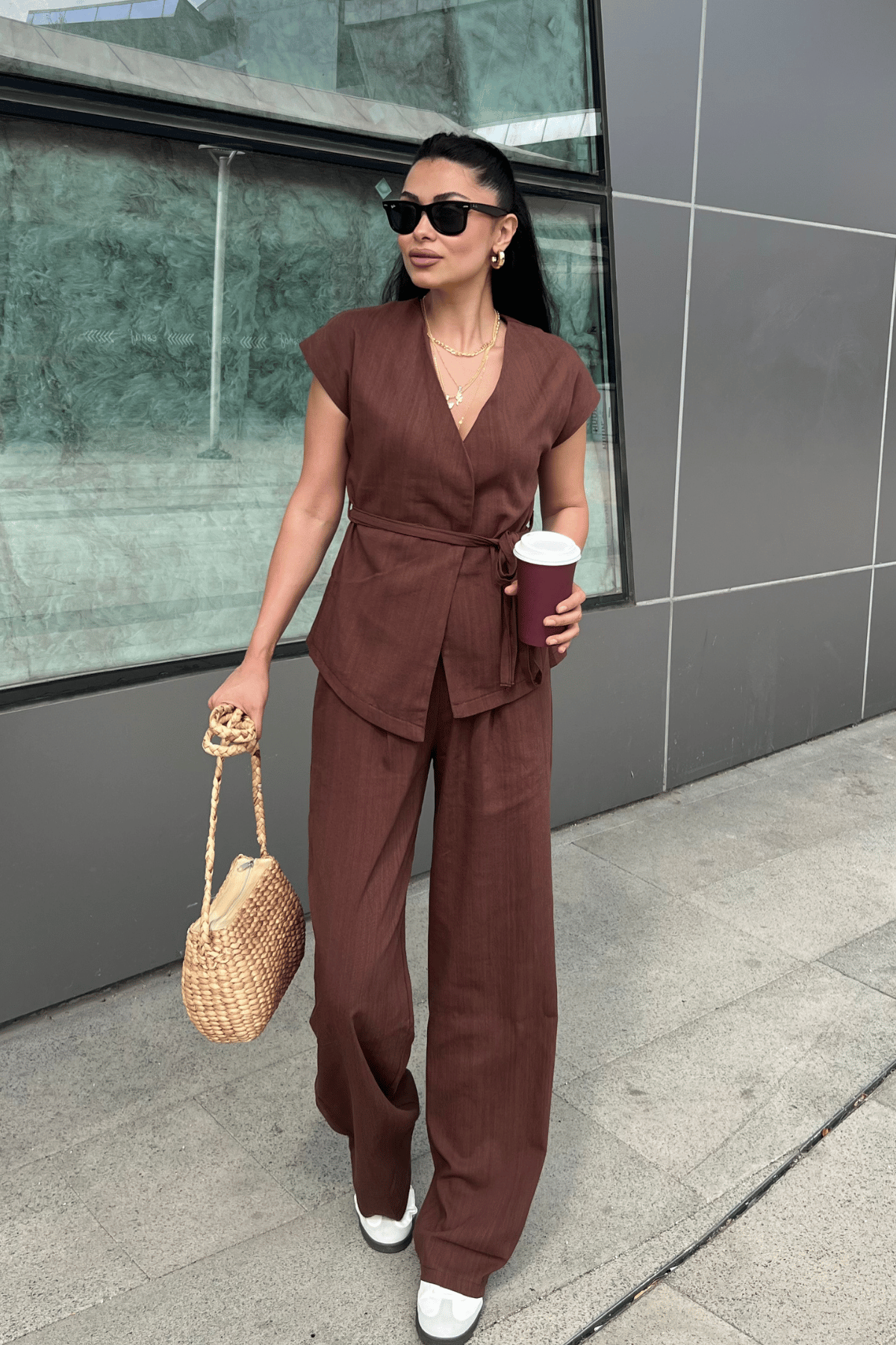 Pamuk Keten Kumaş Yelekli Takım - KAHVERENGİ