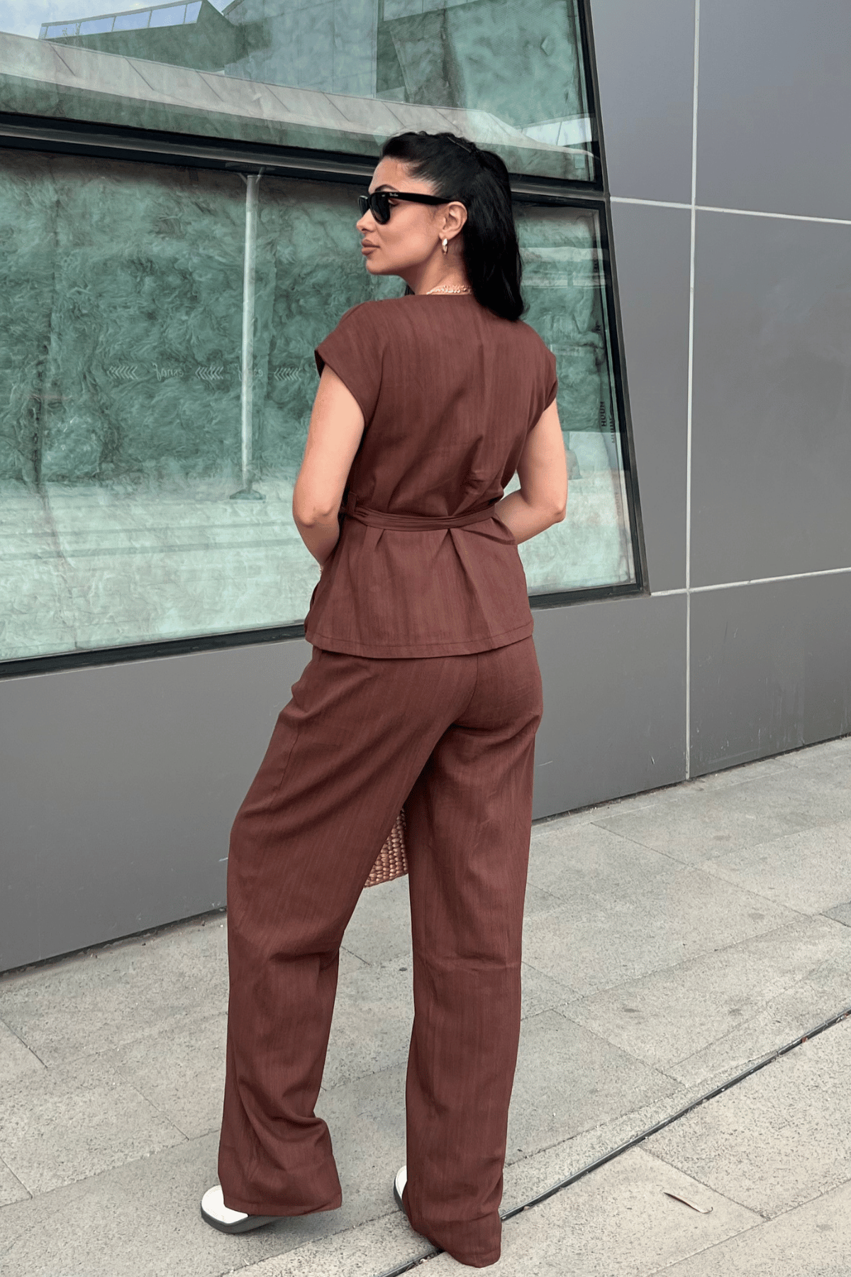 Pamuk Keten Kumaş Yelekli Takım - KAHVERENGİ