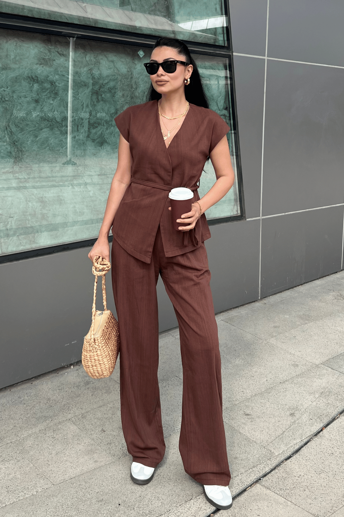 Pamuk Keten Kumaş Yelekli Takım - KAHVERENGİ