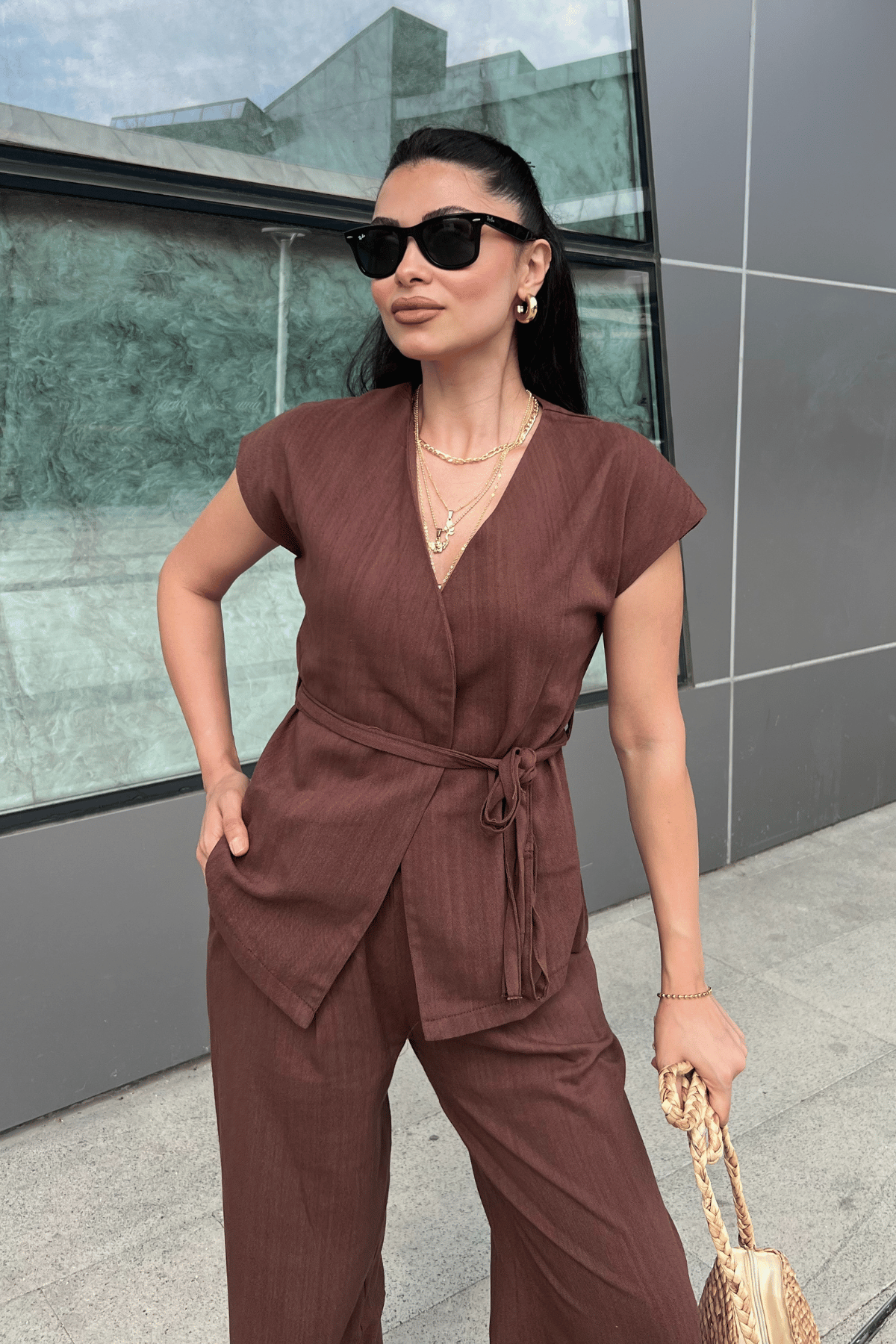 Pamuk Keten Kumaş Yelekli Takım - KAHVERENGİ