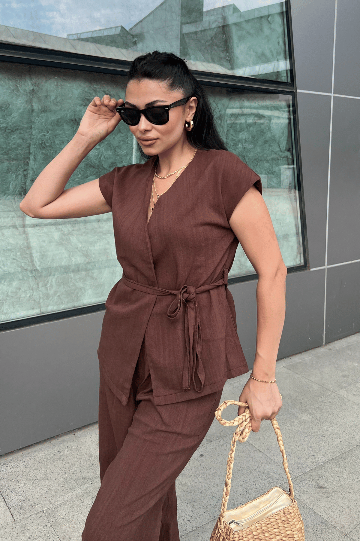 Pamuk Keten Kumaş Yelekli Takım - KAHVERENGİ