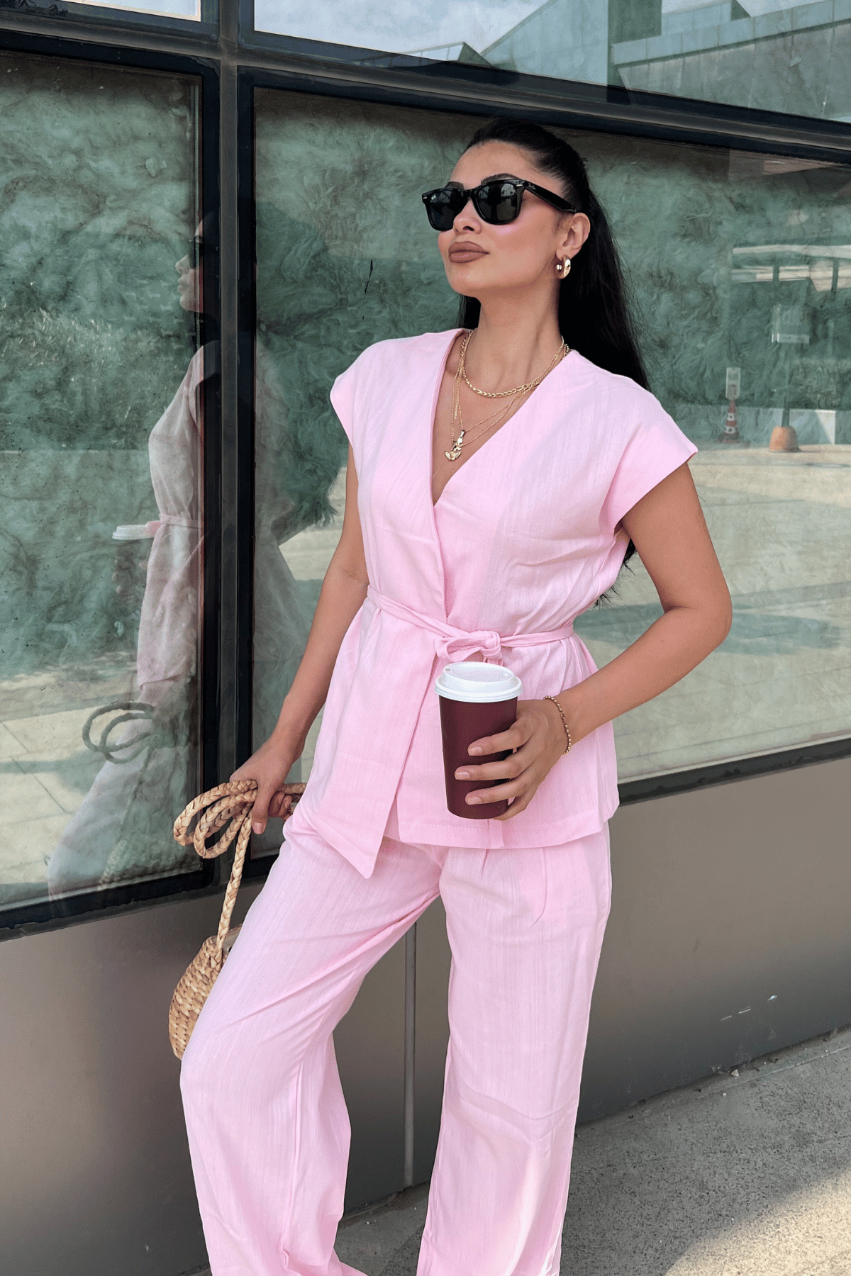 Pamuk Keten Kumaş Yelekli Takım - PEMBE