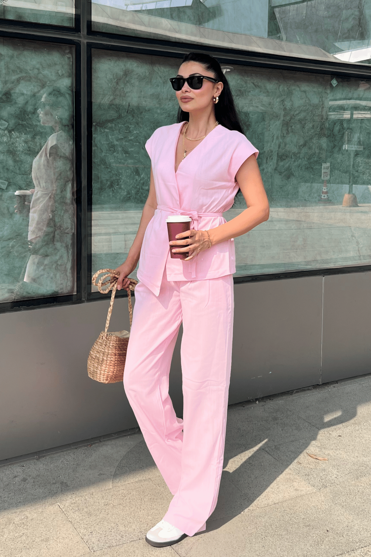 Pamuk Keten Kumaş Yelekli Takım - PEMBE