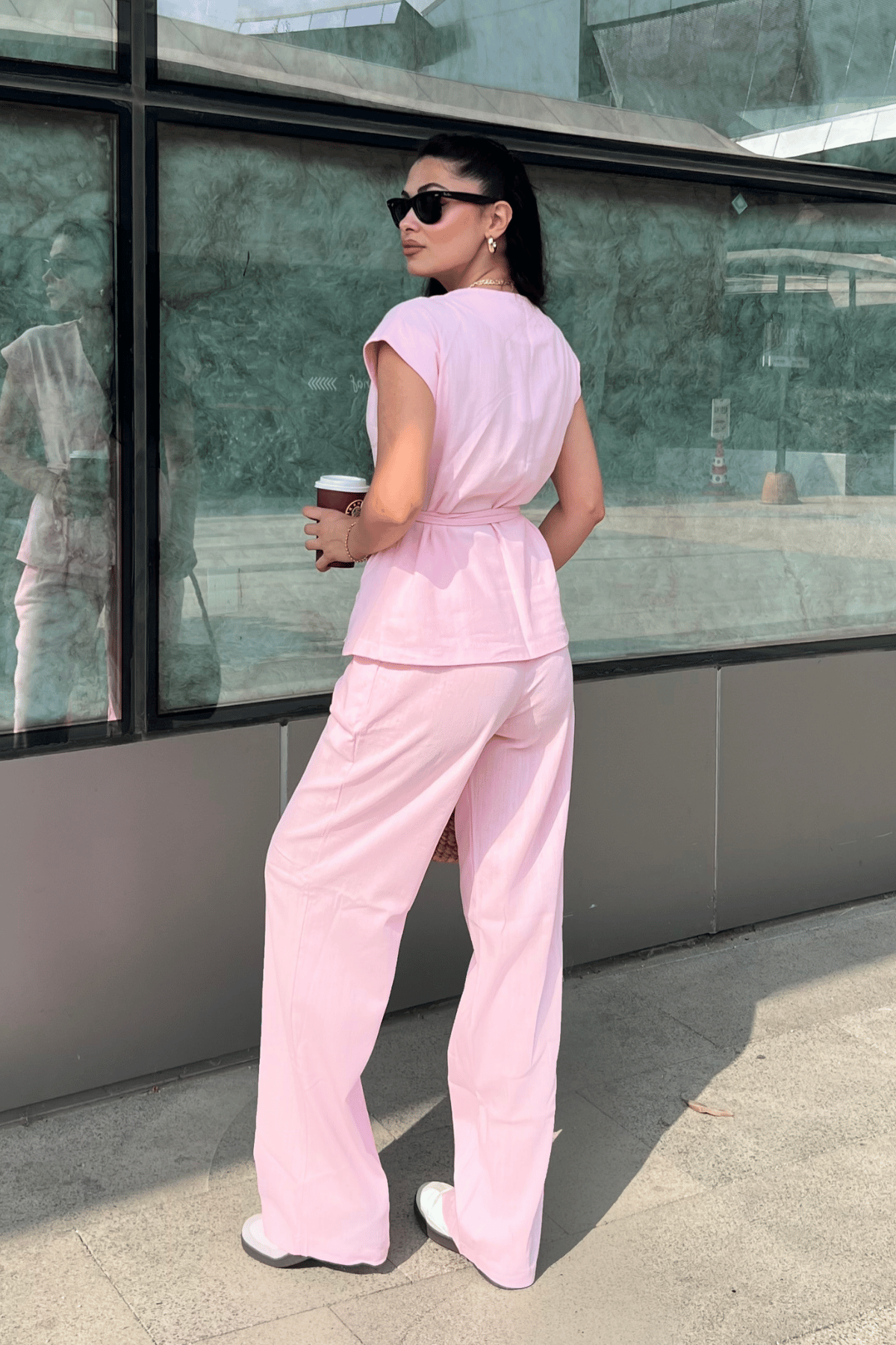 Pamuk Keten Kumaş Yelekli Takım - PEMBE